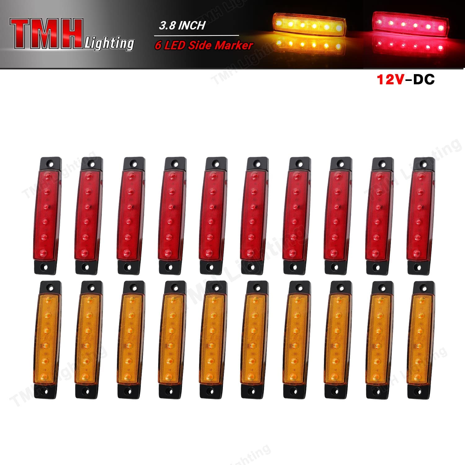 Tmh 20 Pcs 3.8'' Amber + Red Light 6Led Side Marker Lights, Trailer Marker Lights, Rear Side Marker Lamp For Truck Trailer Rv Bo