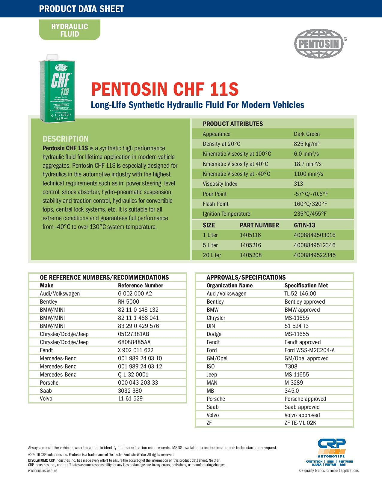 Pentosin 1405116 Chf 11S Long-Life Synthetic Hydraulic Fluid For Audi, Bentley, Bmw, Chrysler, Dodge, Jeep, Mercedes-Benz, Mini,