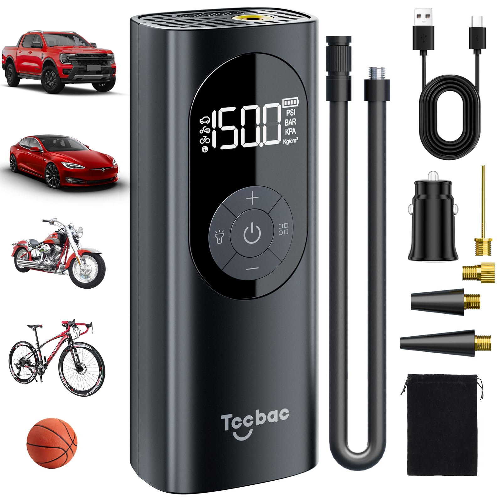 Tccbac Tire Inflator Portable Air Compressor For Car With 12 Ac/Dc Power Adapter Kit