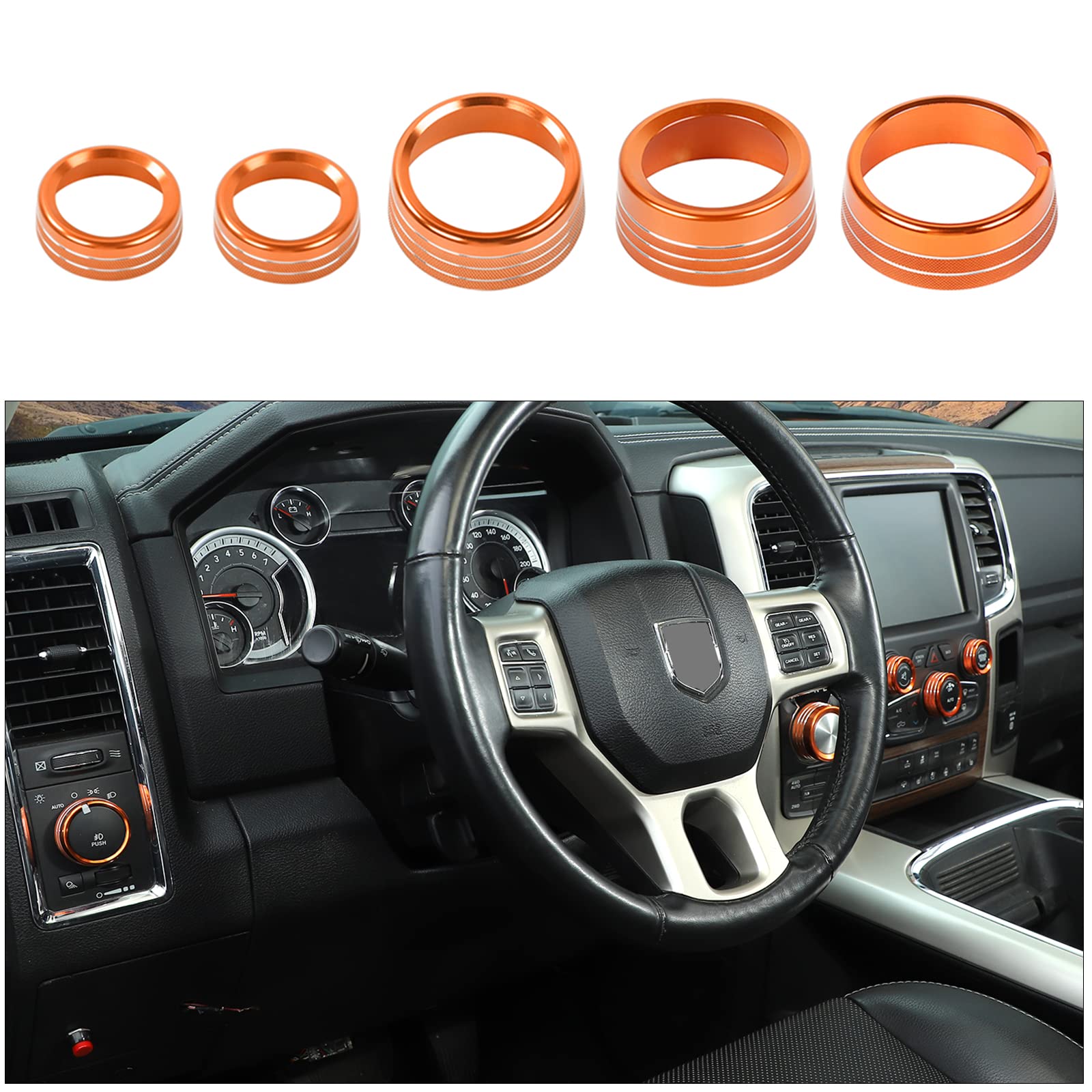 Voodonala for Dodge RAM Air Conditioner Headlight Switch CD Knob Trim for 2013-2017 Dodge RAM Aluminum 5pcs Orange