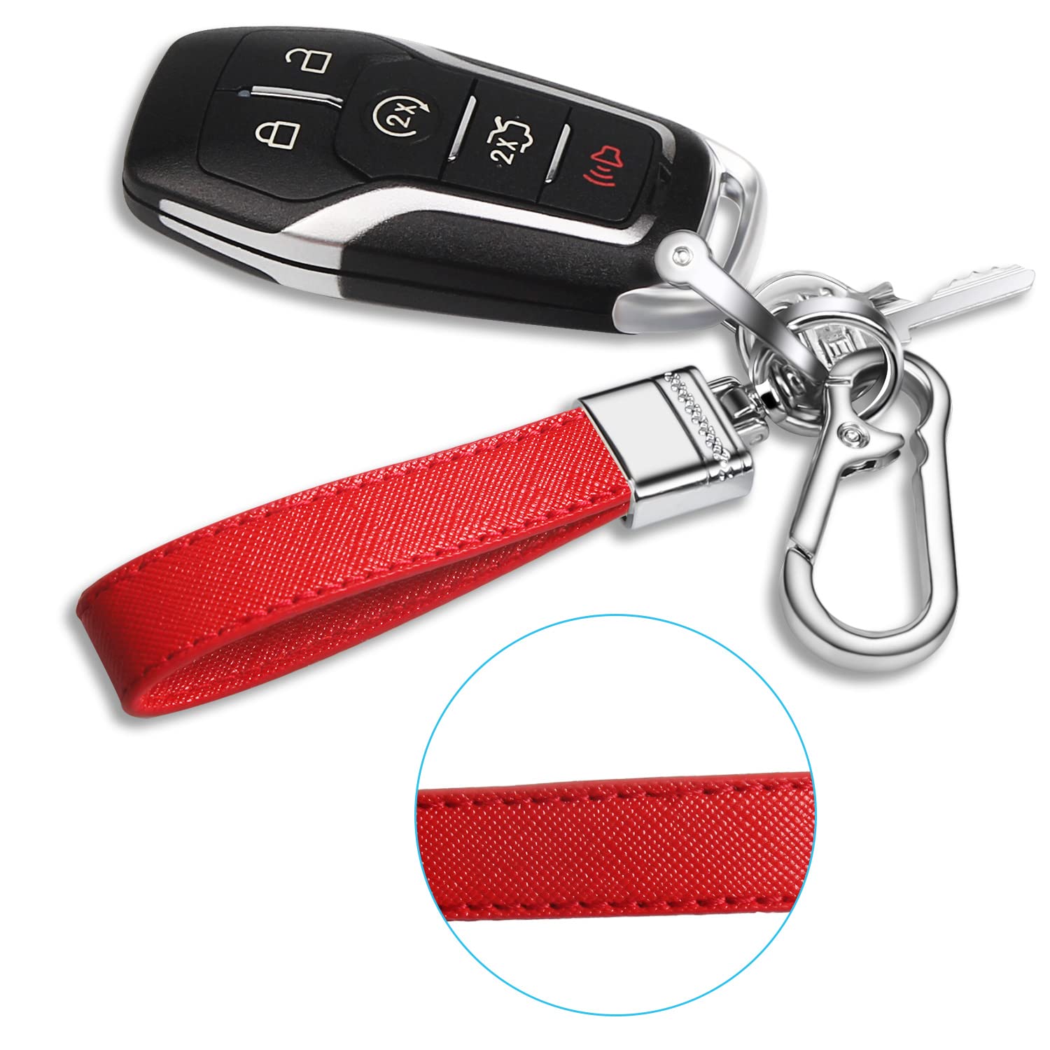 Qbuc Genuine Leather Car Keychain,Universal Heavy Duty Metal Key Chain Accessories,Car Fob Key Keychain Holder With 360 Degree Rotatable Snap Swivel And Anti-Lost D-Ring For Men Women（Red）