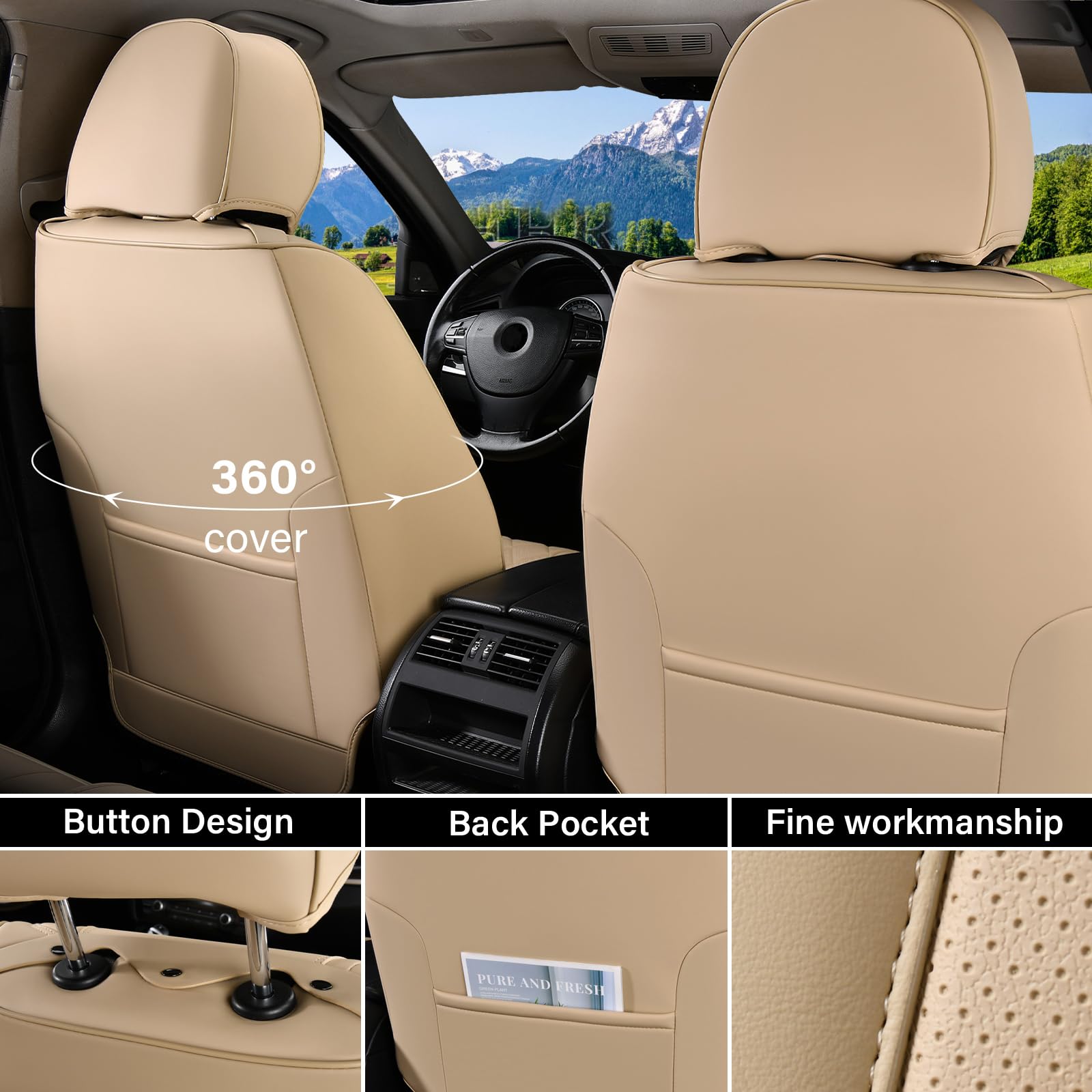 Coverado Car Seat Cover Full Set, Beige Seat Covers Front Seats Back Seat Covers, Nappa Leather Waterproof, Car Seat Cushion, Ca