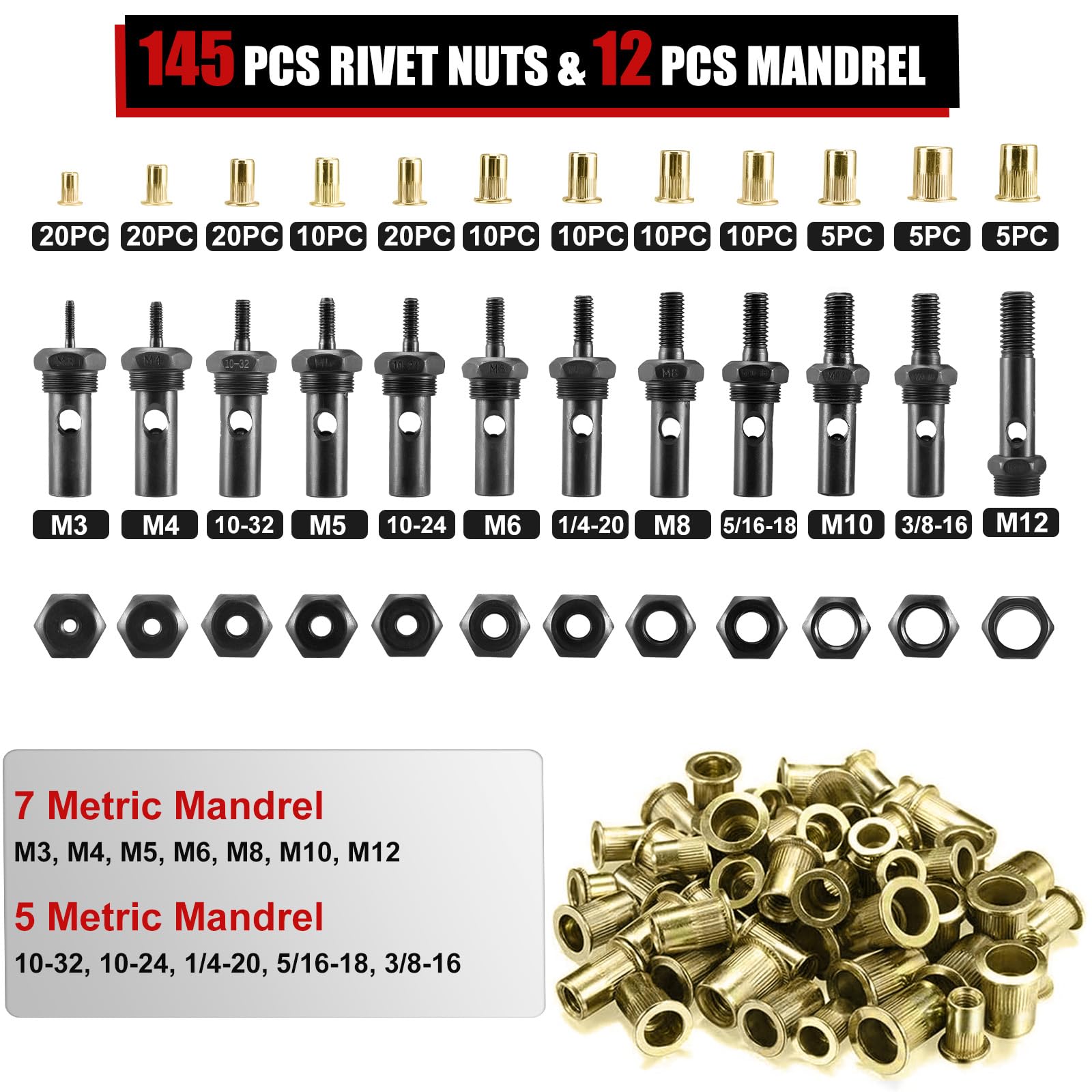 Aoben 16 Rivet Nut Tool, Professional Hand Rivet Nut Setter Kit With 12 Interchangeable Metric & Sae Mandrels, 145Pcs Rivnuts And Rugged Carrying Case