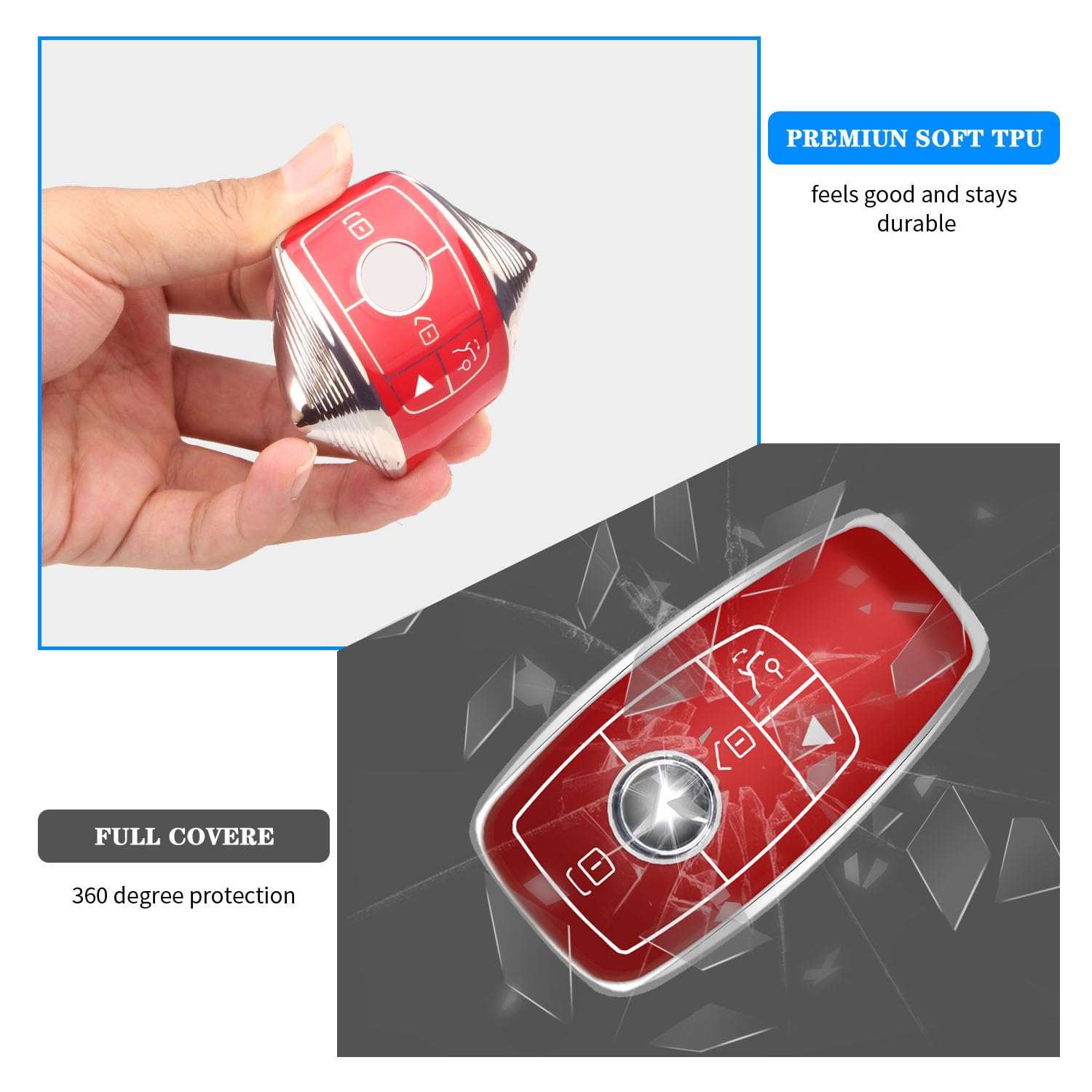 Qbuc For Mercedes Benz Key Fob Cover With Keychain,Compatible With C E R S G S Cls Clk Glc Ml Gle Gls Sl Slr Mclaren Amg Key (Re