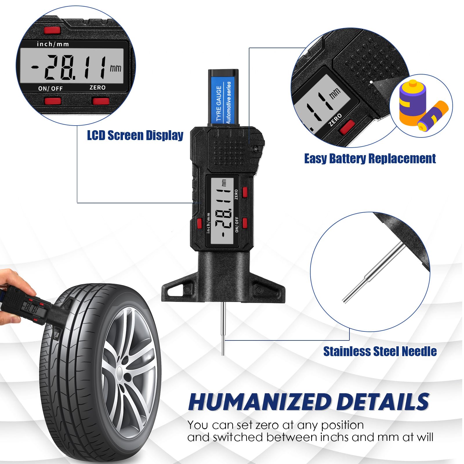 Lcd Display Tire Thread Measuring Gauge Digital Tire Depth Gauge Tire Tread Depth Gauge Digital Tread Depth Gauge Blue Tire Wear Gauge Tread Checker With Inch Mm Conversion For Motorcycle Car Truck