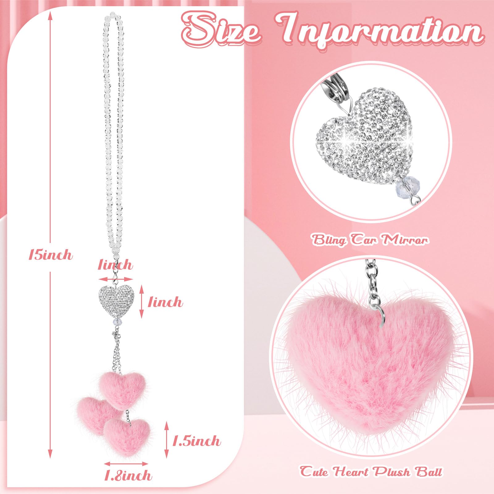 Frienda Bling Diamond Heart Car Rear View Mirror Accessories For Women Valentine Car Accessories Crystal Mirror Hanging Charms D