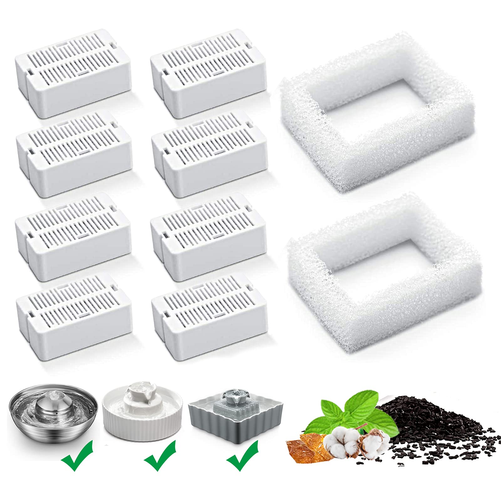 Cat Water Fountain Replacement Filters, 8 Pack Cat Fountain Carbon Filters And 2 Pack Foam Filters For Ceramic Pet Drinking Foun
