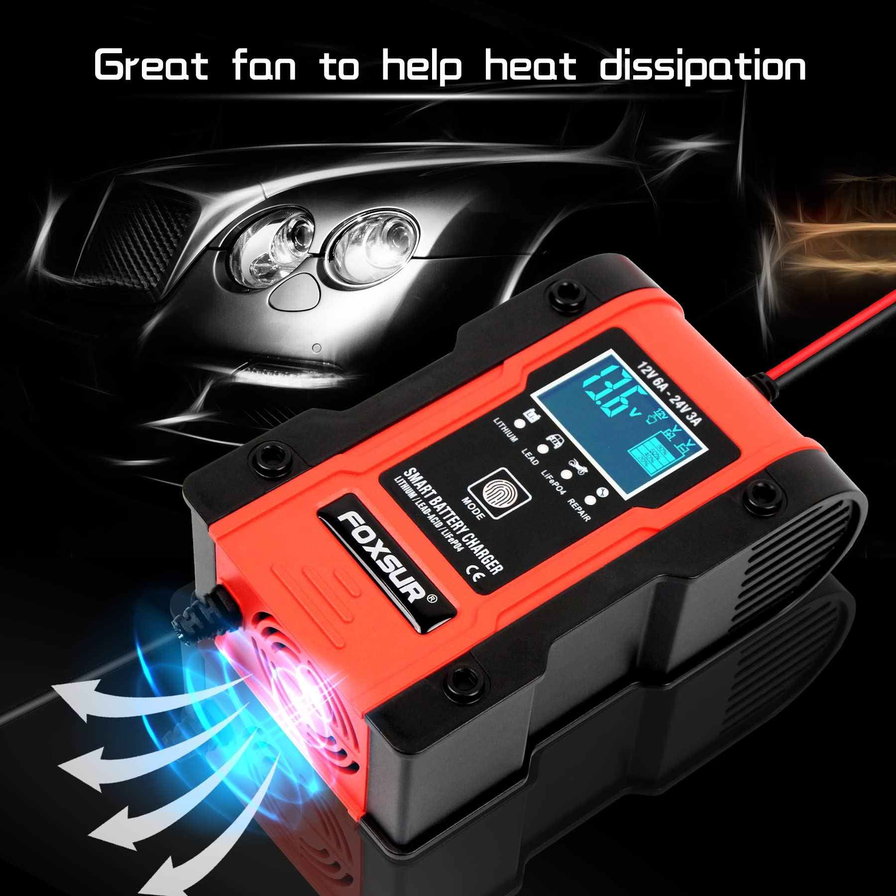 Ieik Automotive Battery Charger 12V 6A - 24V 3A Multi-Function Smart Charger Maintainer For Car, Truck, Motorcycle, Lawn Mower, Boat, Atv, Lithium, Lifepo4, Lead-Acid, Deep Cycle Battery Charger