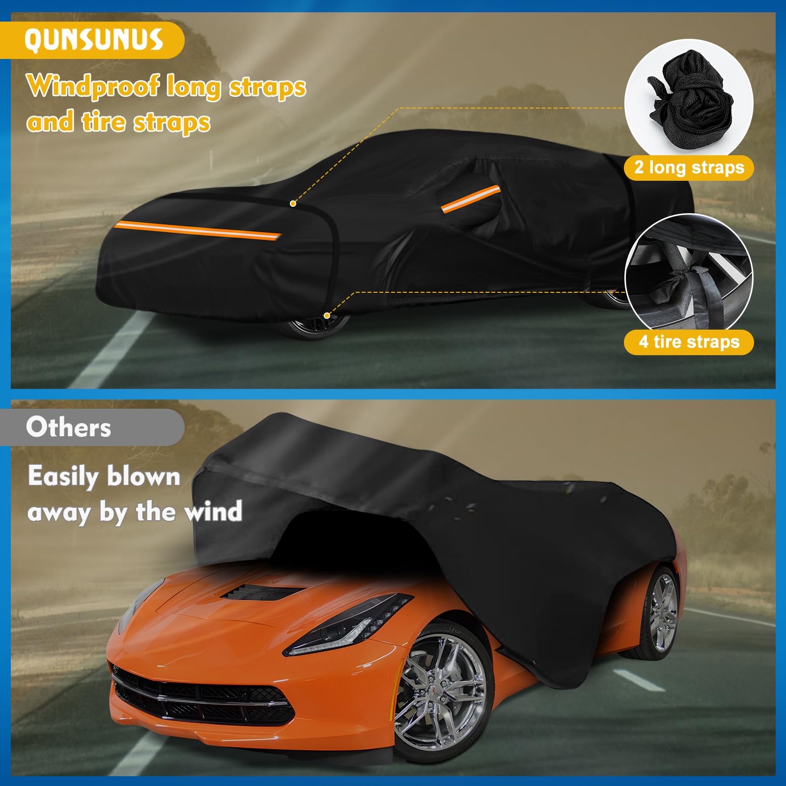 QUNSUNUS Waterproof Car Cover for C7 Corvette 2014-2019, Outdoor Car Covers with Zipper, All Weather Full Exterior Cover with St