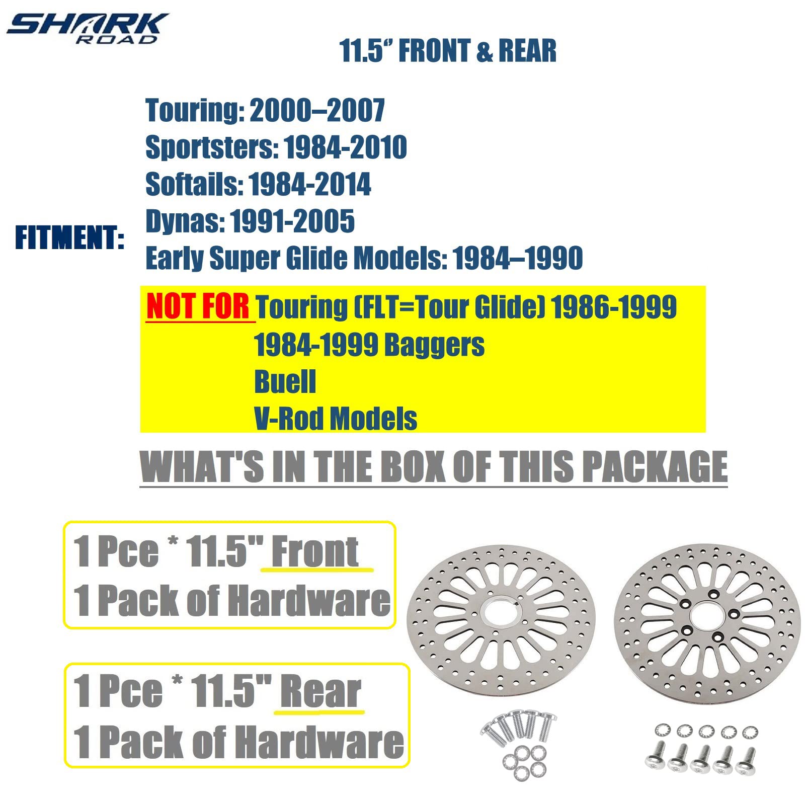 Sharkroad 1 Piece Front Rotor And 1 Piece Rear Rotor 11.5'' For Harley Davidson Touring Sportster Softail Dyna Rotor System Updating, Great Performance Brake Rotor For Harley Davidson Motorcycle Model