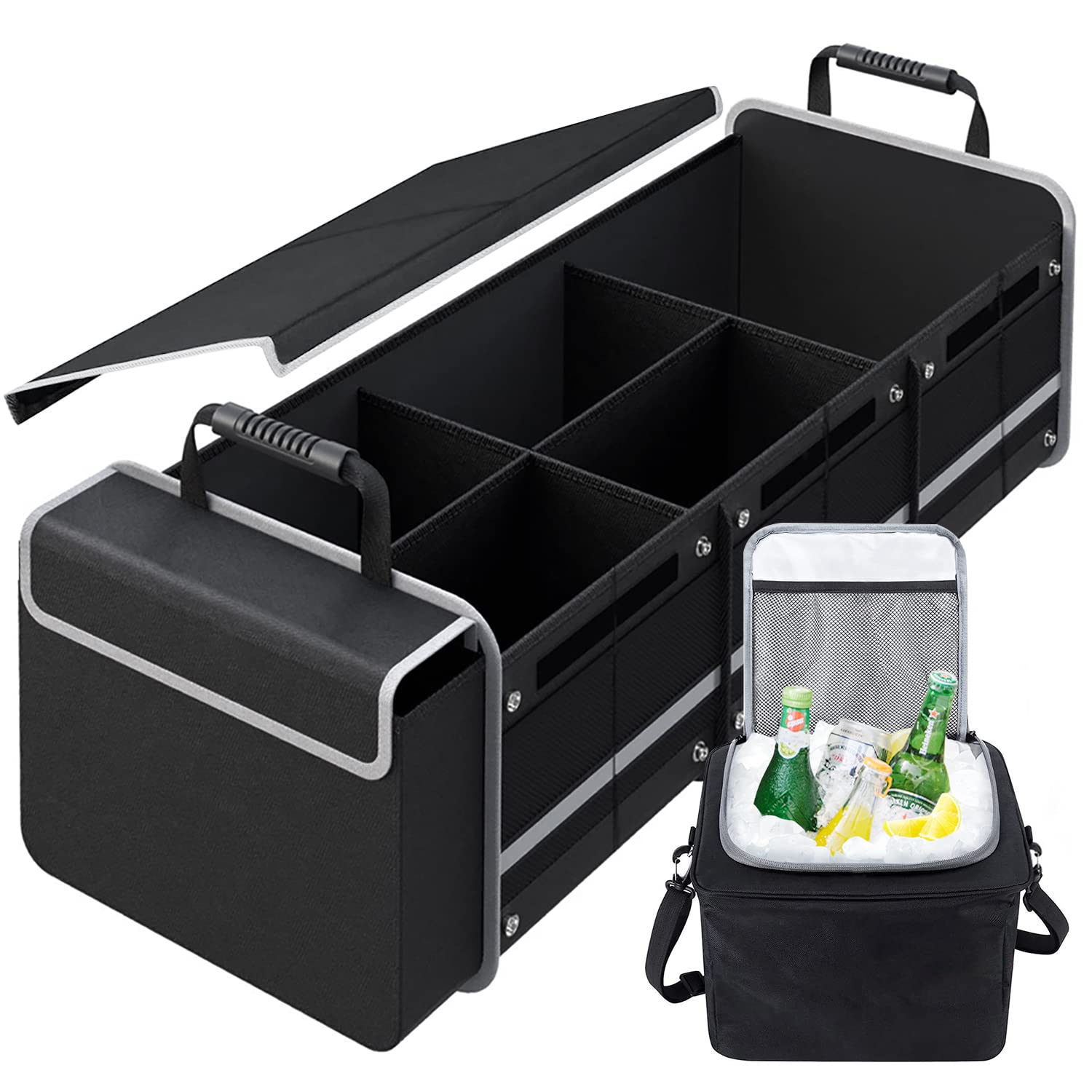 Car Trunk Organizer,115L Heavy Duty Collapsible Trunk Storage, With Insulated Leakproof Cooler Bag Vehicle Cargo Organizer With