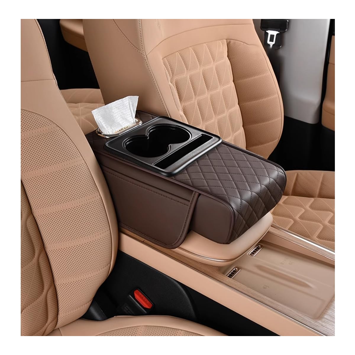 HZEL Car Center Console Cover, Leather Vehicle Armrest Cushion with Storage Bags, Cup Holder & Tissue Box, Waterproof Auto Inter