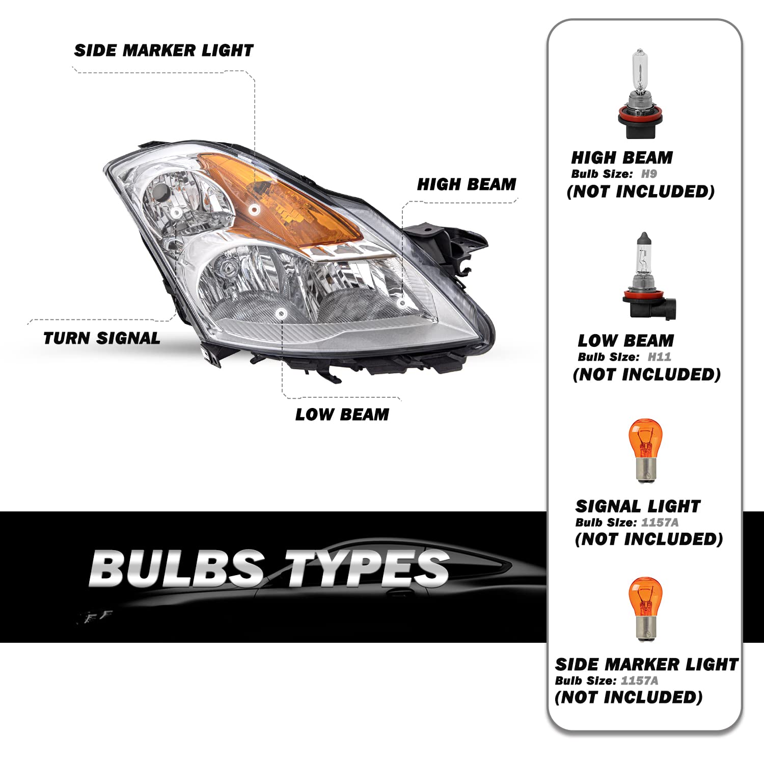 Sockir Headlight Assembly Fits For 2007 2008 2009 Nissan Altima 4-Door Sedan Headlamp Replacement Driver And Passenger Side Chrome Housing With Amber Reflector