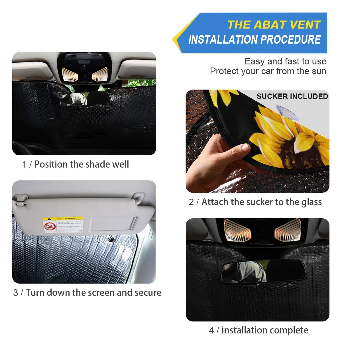 Car Windshield Sunshade Sunflower Black Pattern, Blocks Sun Visor Protector Foldable Sun Shield Keep Your Vehicle Cool, Fits Win
