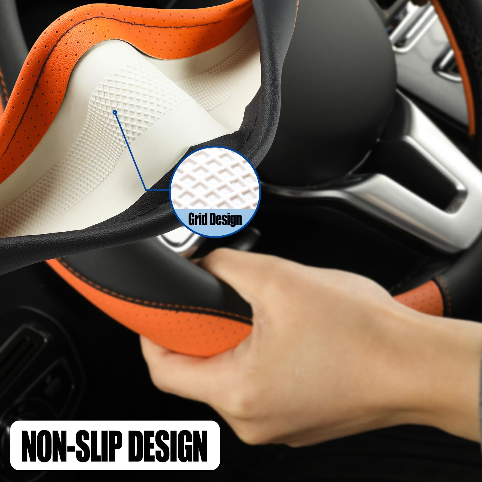 Binsheo Leather Steering Wheel Cover, Breathable, Anti Slip & Odor Free, Black And Orange