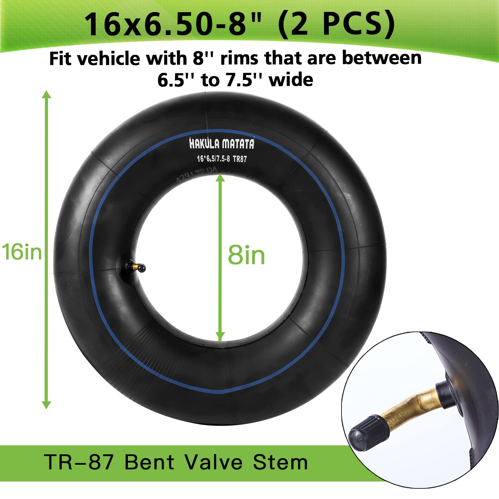 Hakula Matata 16'' 6.50-8'' / 7.50-8'' Durable Replacement Inner Tube With Tr-87 Bent Valve Stem, Heavy Duty Inner Tire Wheel Fo