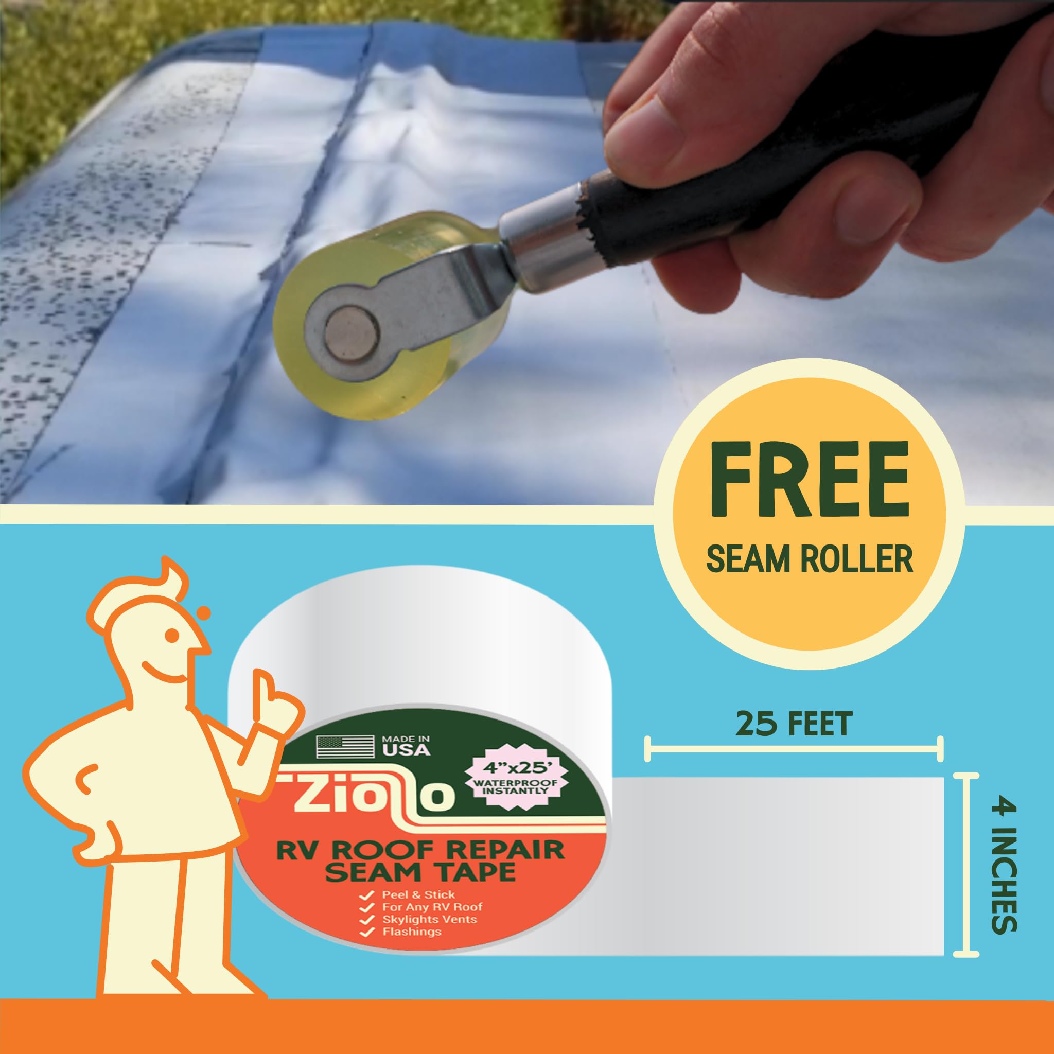 Ziollo Rv Roof Repair Seam Tape With Roller - 4'' X25' Waterproof Tape For Campers, Motorhomes & Trailers - Works On Epdm, Tpo,