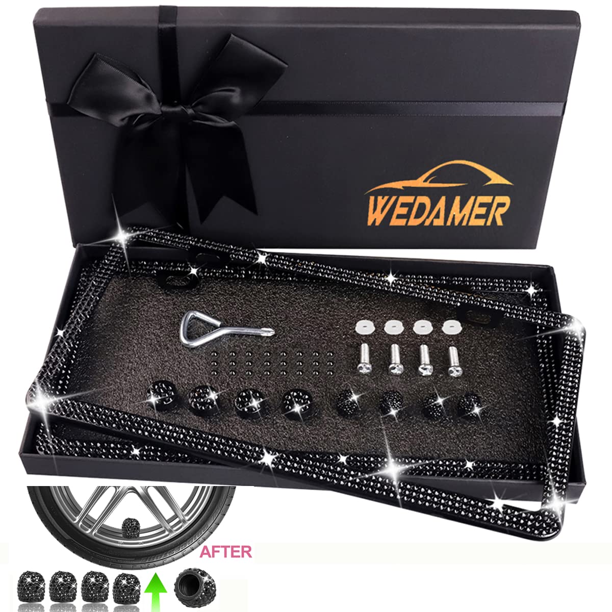 Wedamer 2 Pack Bling License Plate Frames For Women Black Rhinestone License Plate Frame Black Diamond License Plate Frame Sparkly License Plate Frame Glitter Bedazzled License Plate Frame Gifts Women