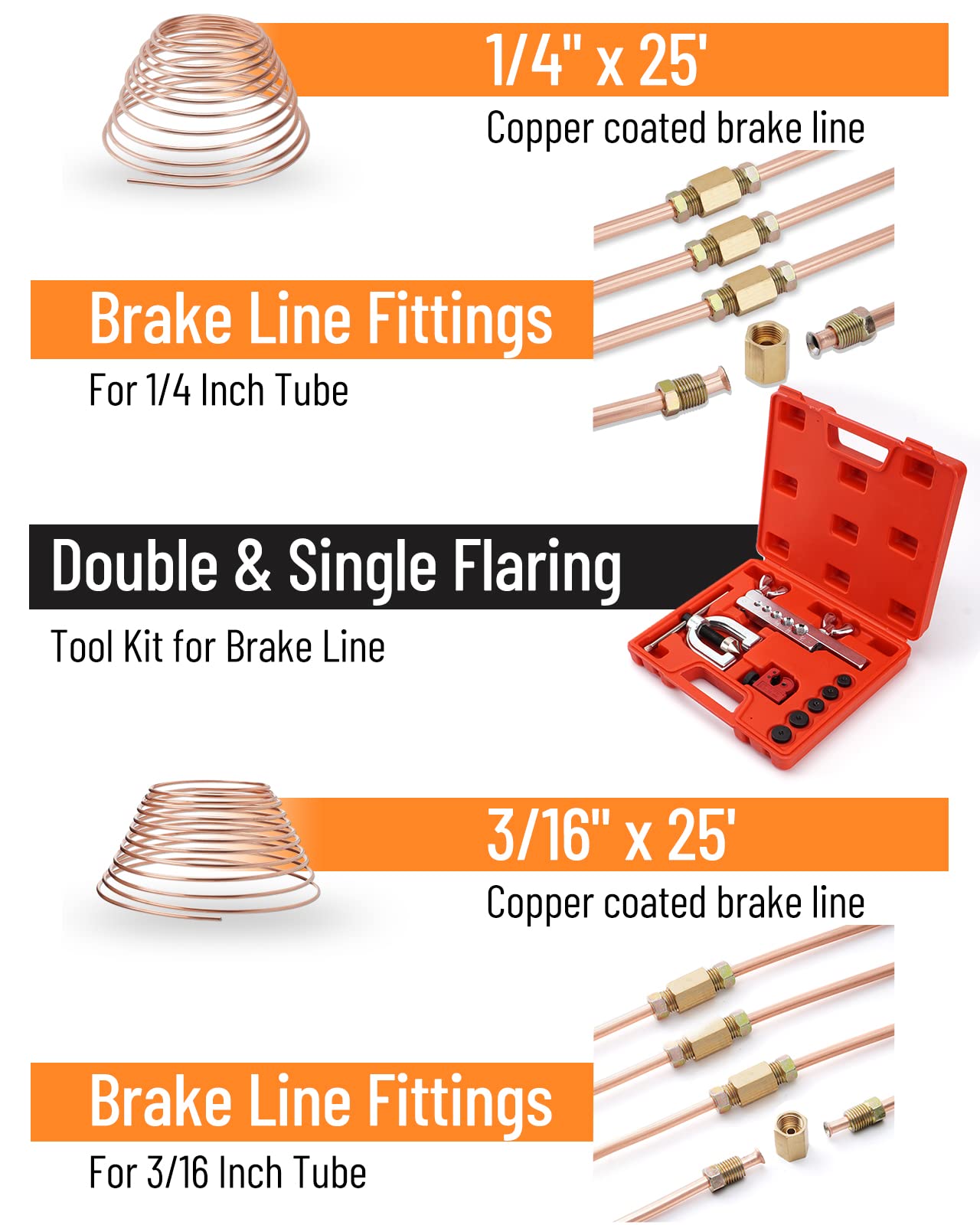 Racewill 25 ft 3/16'' + 1/4'' Copper Coated Brake Line Kit (Includes 32 Fittings and 8 Unions)+ Brake Line Double & Single Flari
