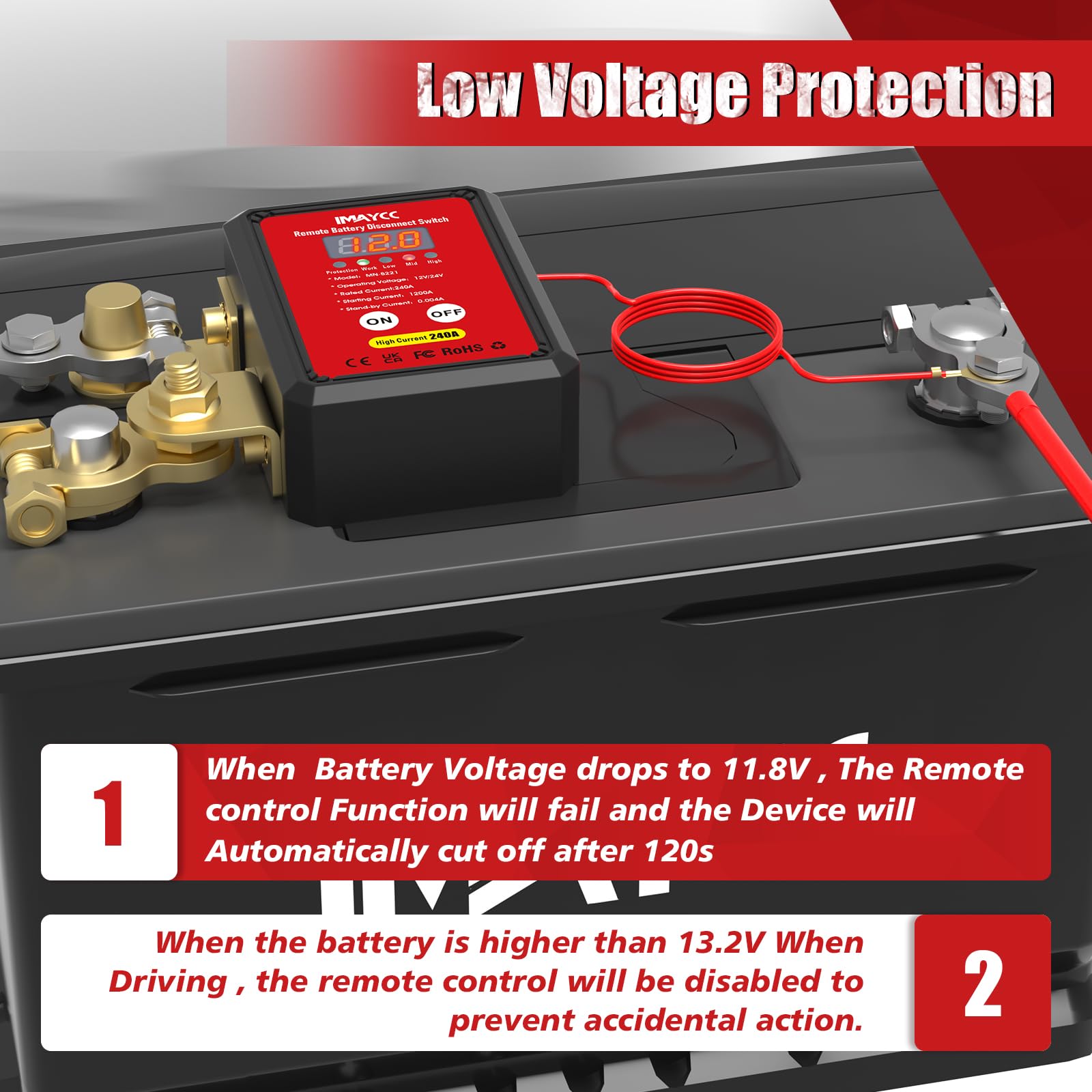 Imaycc Remote Battery Disconnect Switch 12V, Kill Switch For Car With Led Voltage Display, Car Battery Kill Switch Anti Theft, B
