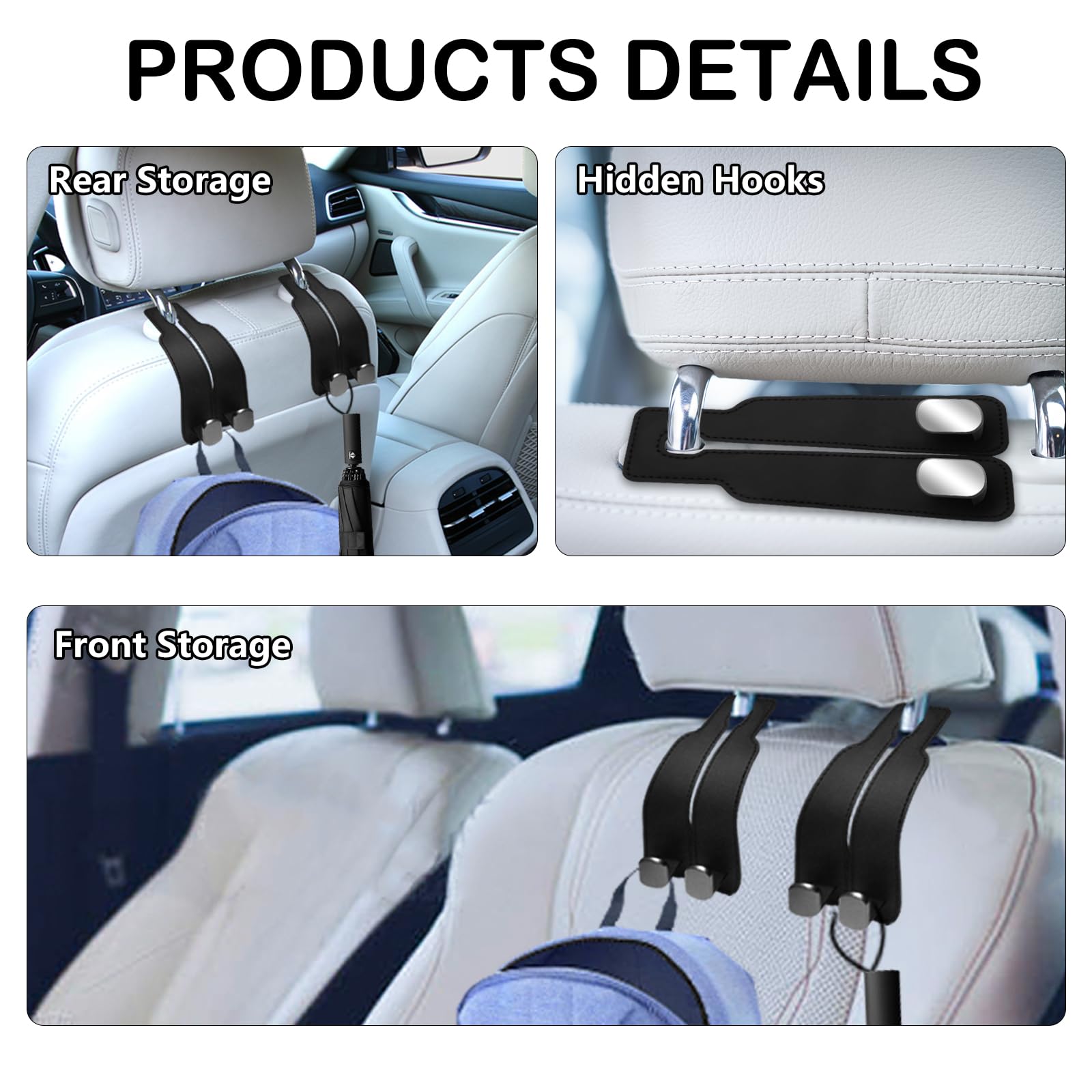 2Pcs Car Seat Back Storage Hook, Leather Car Seat Hooks For Headrest, Car Purse Hook Car Bag Hooks Car Hooks, Headrest Hooks Pur