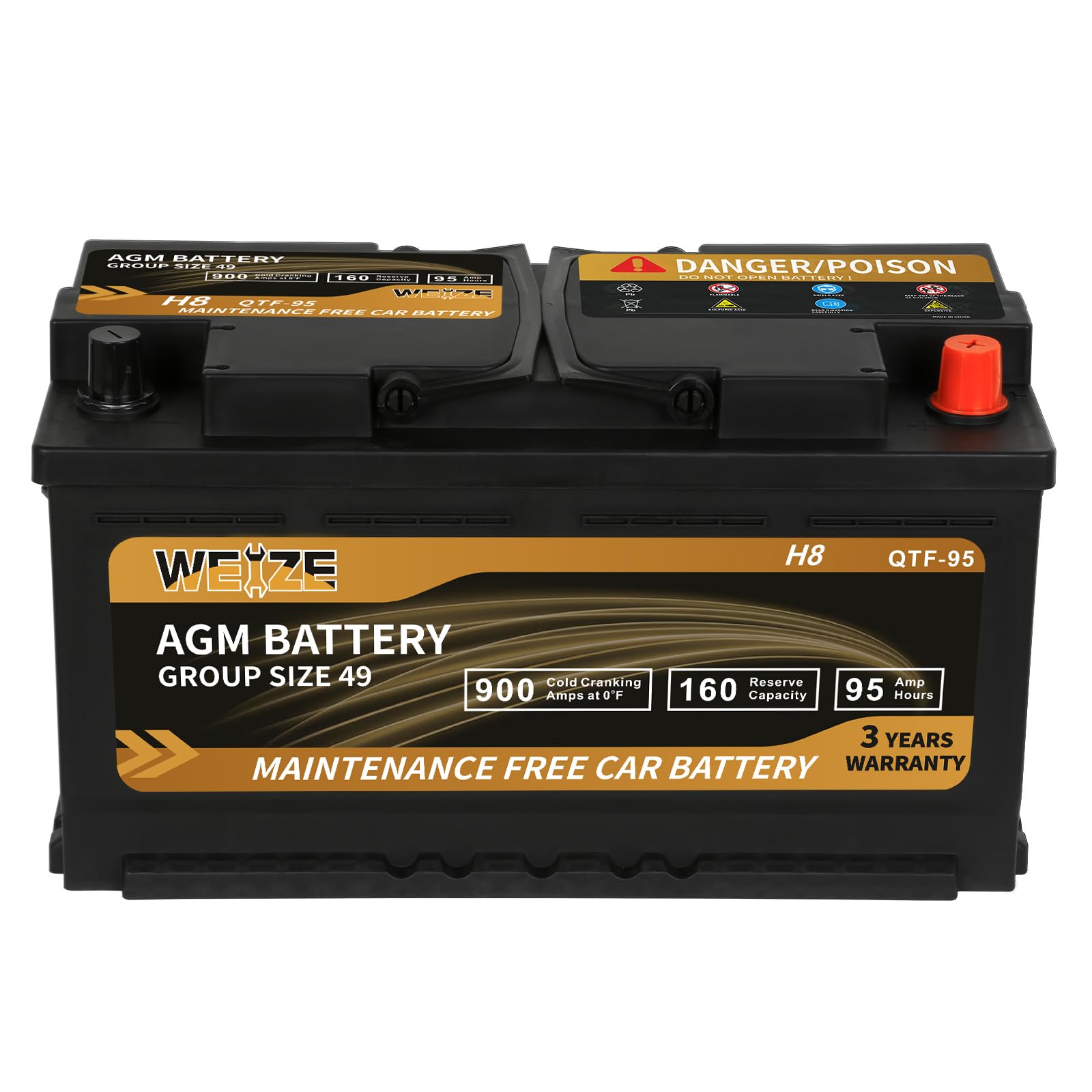 Weize Platinum Agm Battery Bci Group 49-12V 95Ah H8 Size 49 Automotive Battery, 160Rc, 900Cca, 36 Months Warranty