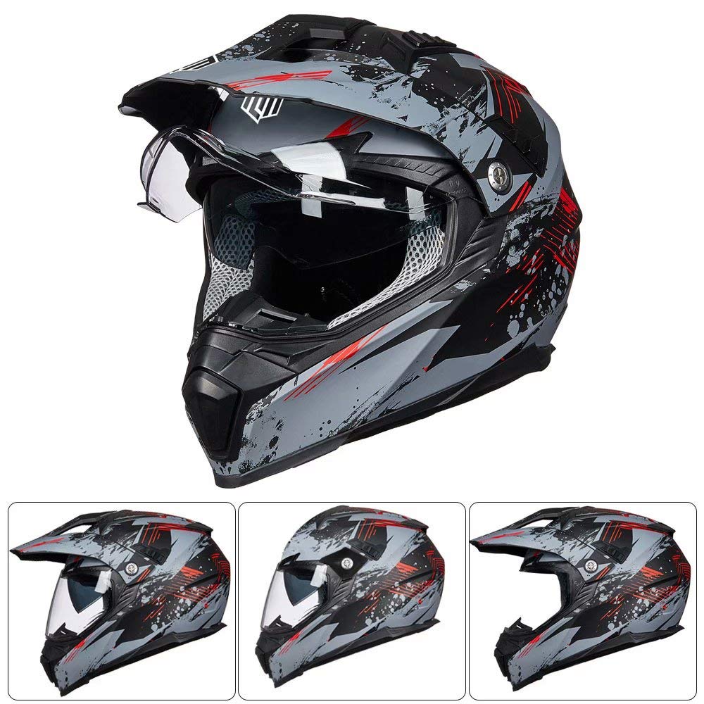 Ilm Off Road Motorcycle Dual Sport Helmet Full Face Sun Visor Dirt Bike Atv Motocross Casco Dot Certified Model 606V(Grey Red, M