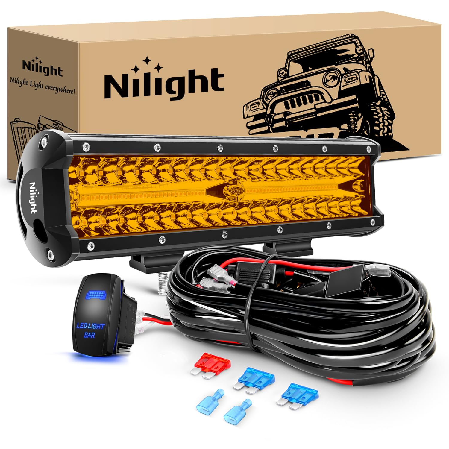 Nilight Led Light Bar 12 Inch Amber 300W Spot Flood Combo Waterproof Triple Rows Off Road Fog Light With 5Pin Rocker Switch Wiri