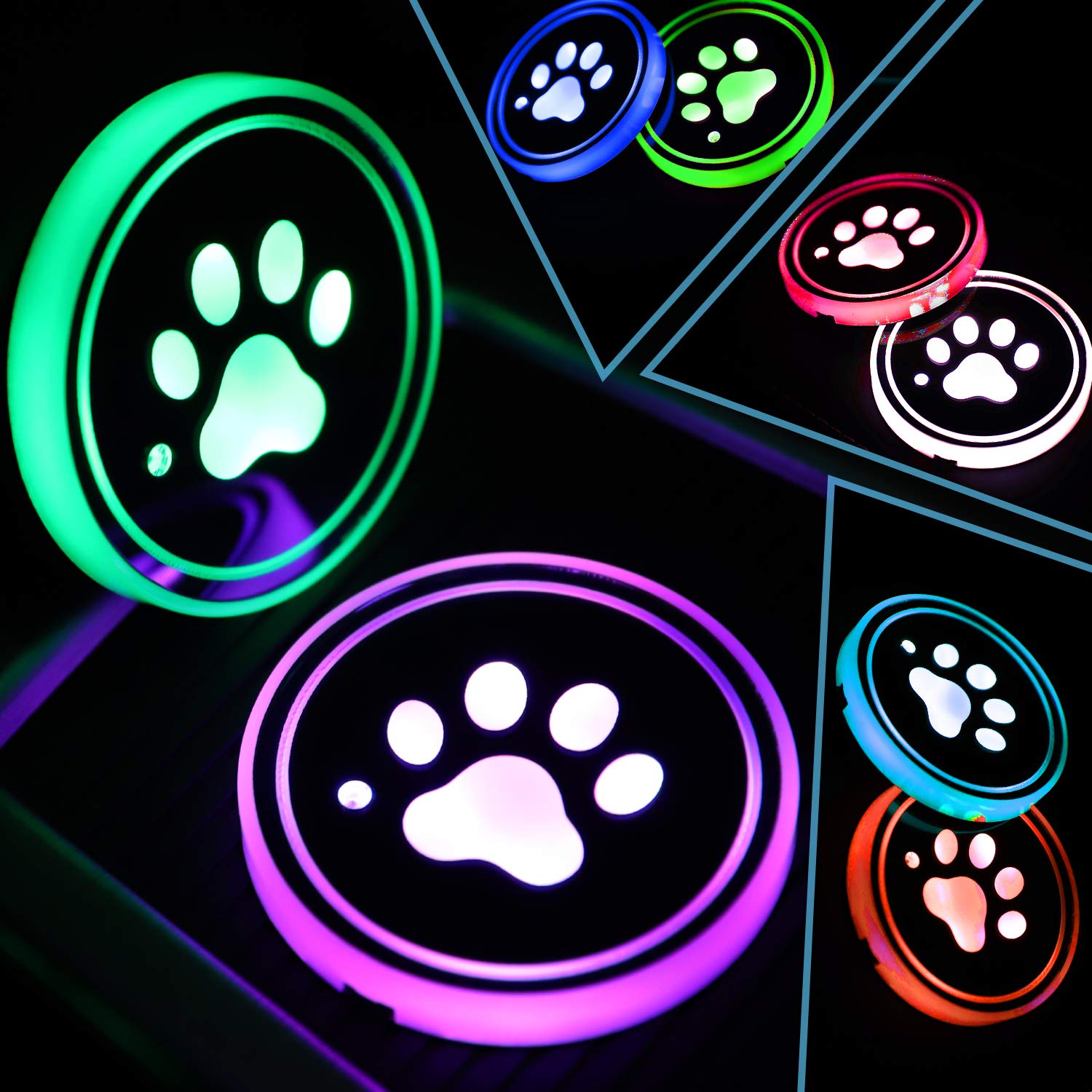 ACODABLEM 2 Pack LED Cup Holder Lights, Dog Paw Car Coaster with 7 Colors Changing USB Charging Mat, Luminescent Cup Pad Interio