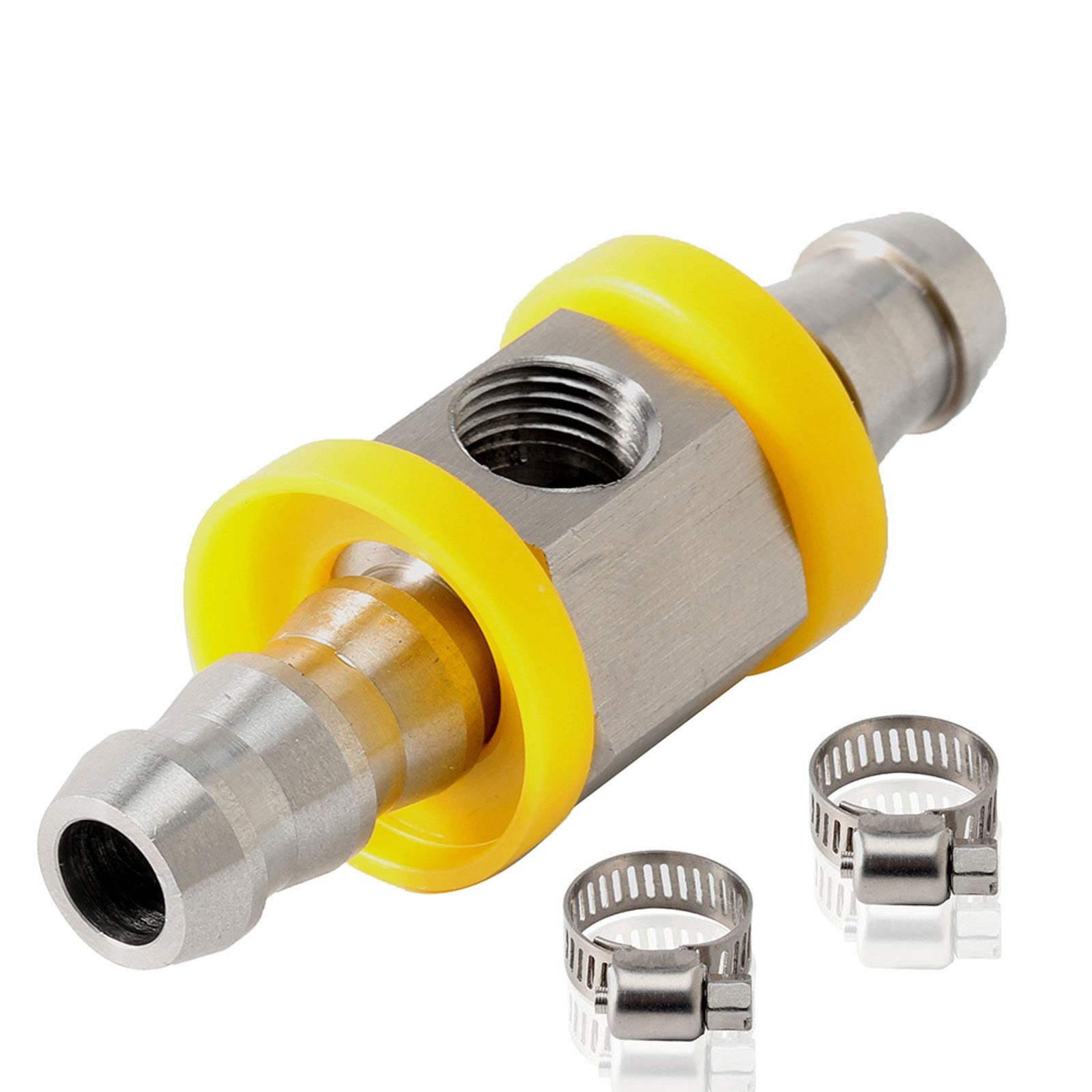 3/8'In Fuel Barbed Push Lock T-Fitting Adapter With 1/8-27 Npt Sensor Port, Stainless Steel Fuel Line Pressure Adapter For 9.5Mm Id Line, Clamps 2 Pcs Included