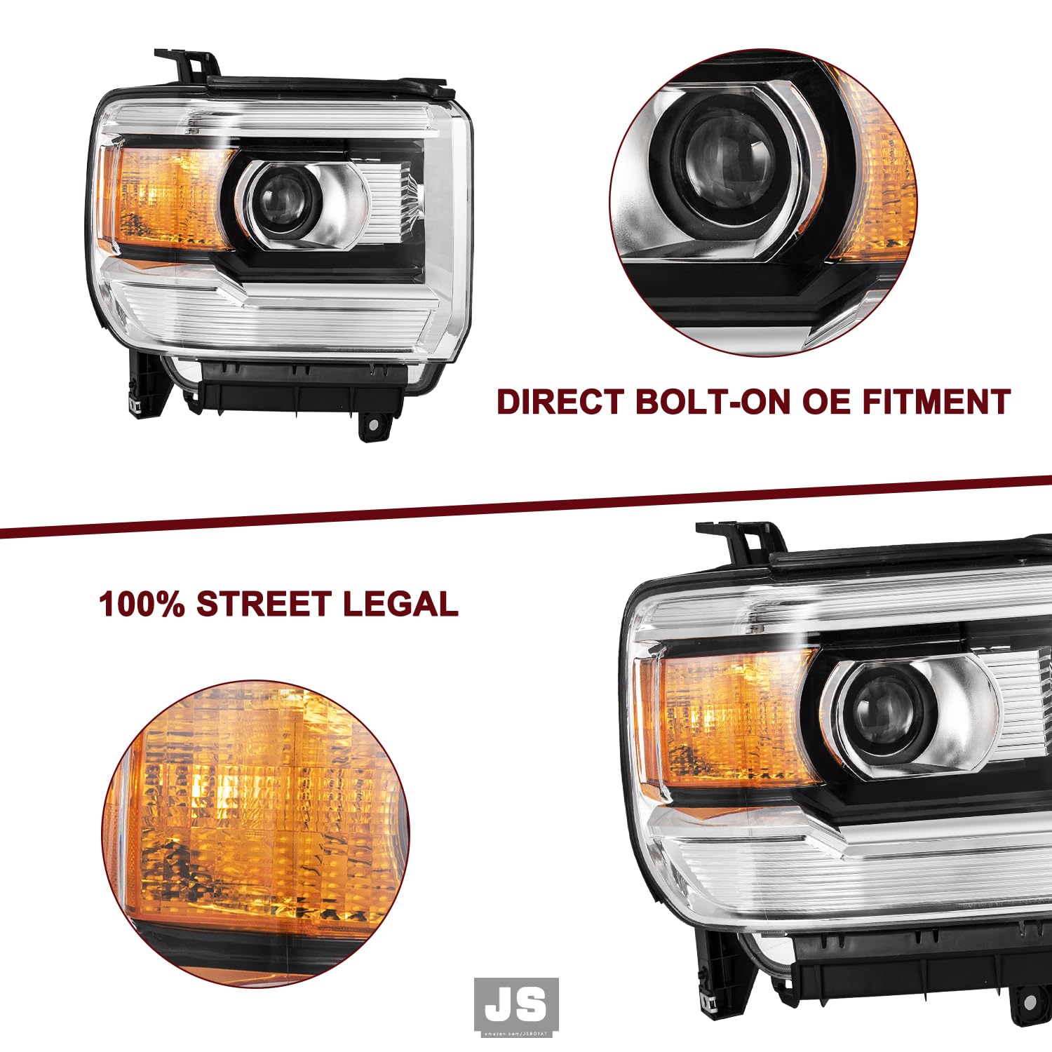 Jsboyat For [Non-Led Drl Model] 2014-2015 Gmc Sierra 1500 15-19 2500Hd 3500Hd Halogen Headlight Assembly Oe Style Driver Passeng