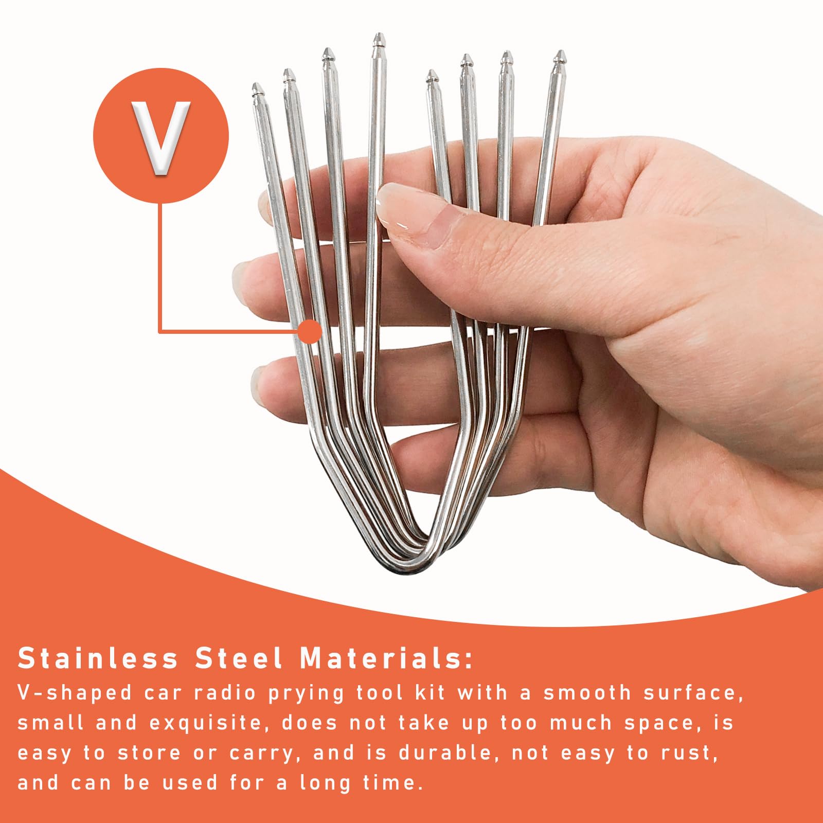 Dickno 8 Pcs Car Radio Removal Pry Tool, V-Shaped Stainless Steel Dvd Host Disassembly Tool Kit, Radio Remover Fits Most Vehicle