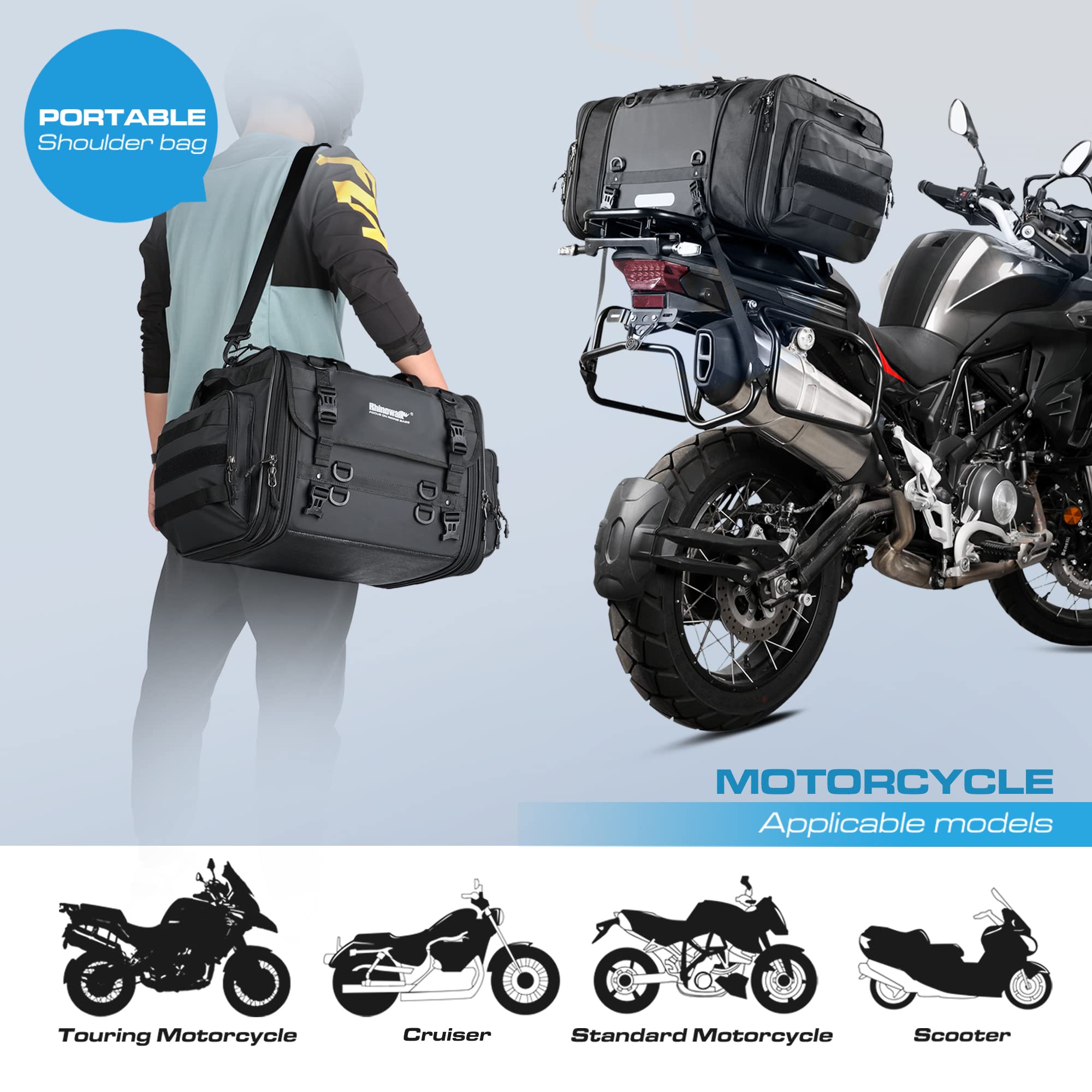 Rhinowalk Motorcycle Tail Bag, Expandable Motorcycle Travel Luggage Bags 60L, Motorcycle Powersports Saddle Bags, Motorbike Helmet Bag Waterproof Rain Cover With Straps (Black)