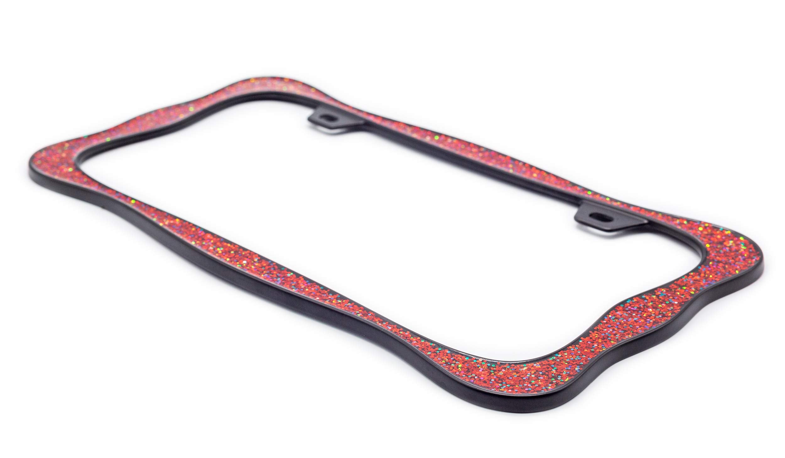 Creathome 3D Shining License Plate Frame, Black Powder Coated With Red Chunky Gliter, Pure Zinc Alloy Metal