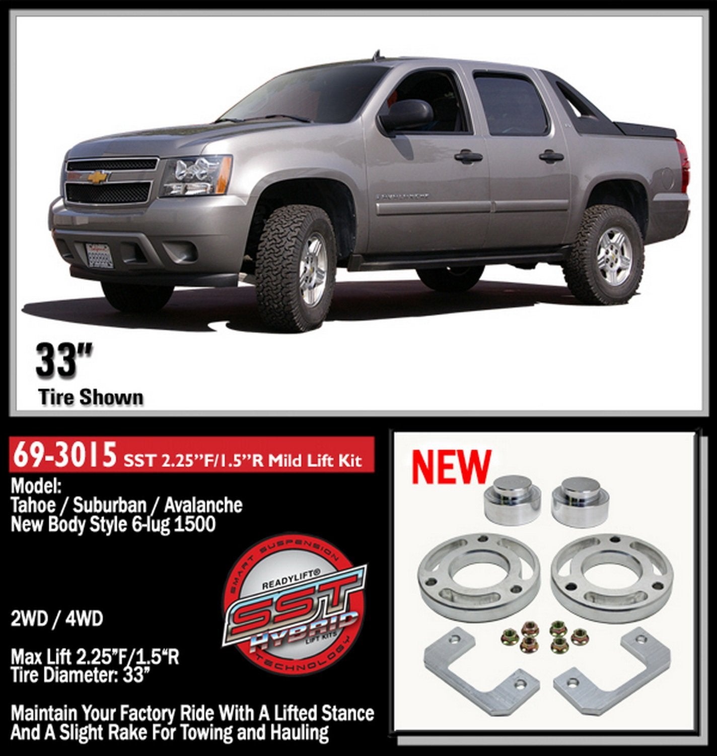 Readylift 69-3015 2.25'F / 1.5'R Sst Lift Kit - Gm Suv 1500, Silver, For Tires Up To 33'