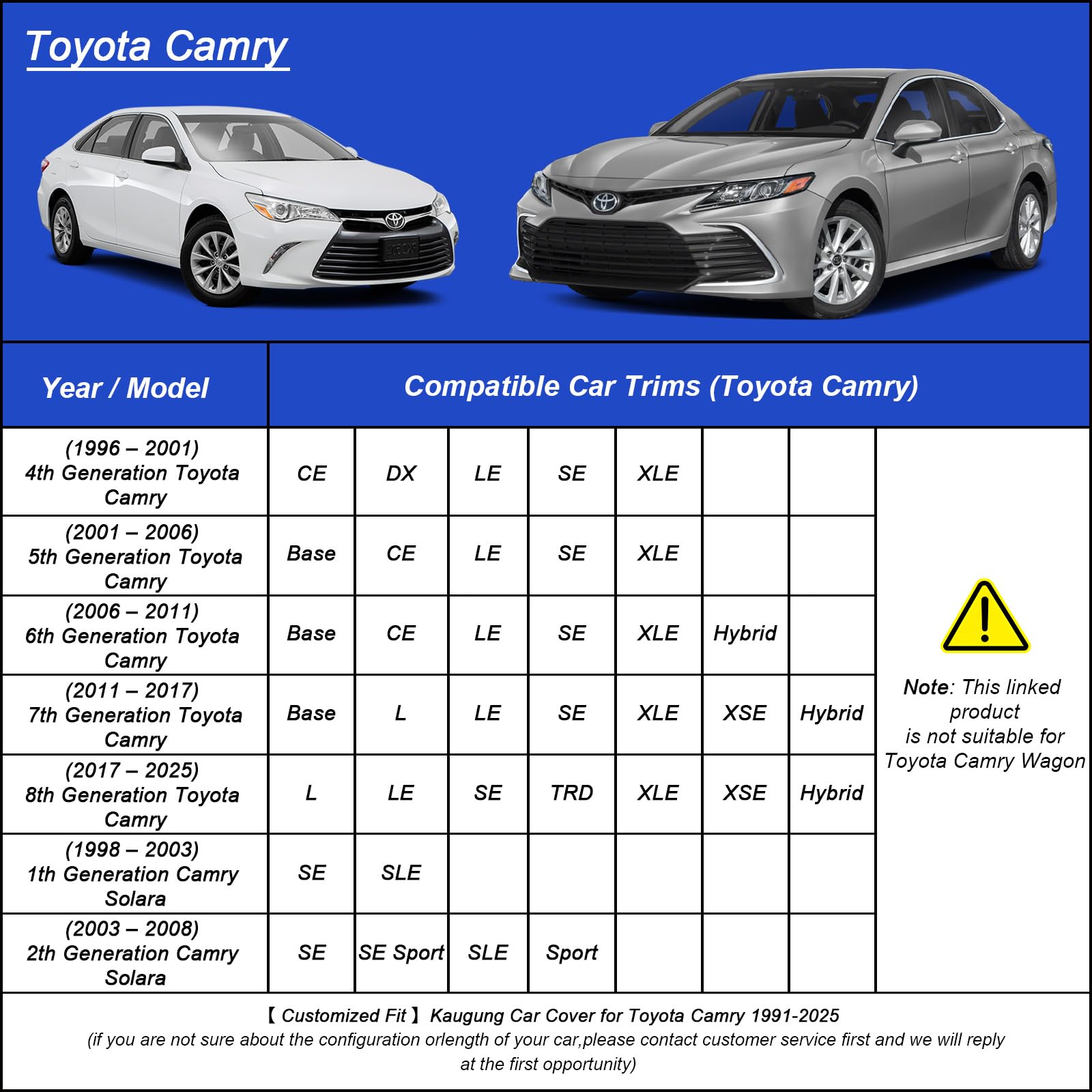 Kaugung Car Cover Waterproof Custom Fit Toyota Camry(1991-2025), Full Exterior Cover For Automobiles Lightweight Resistant Outdo