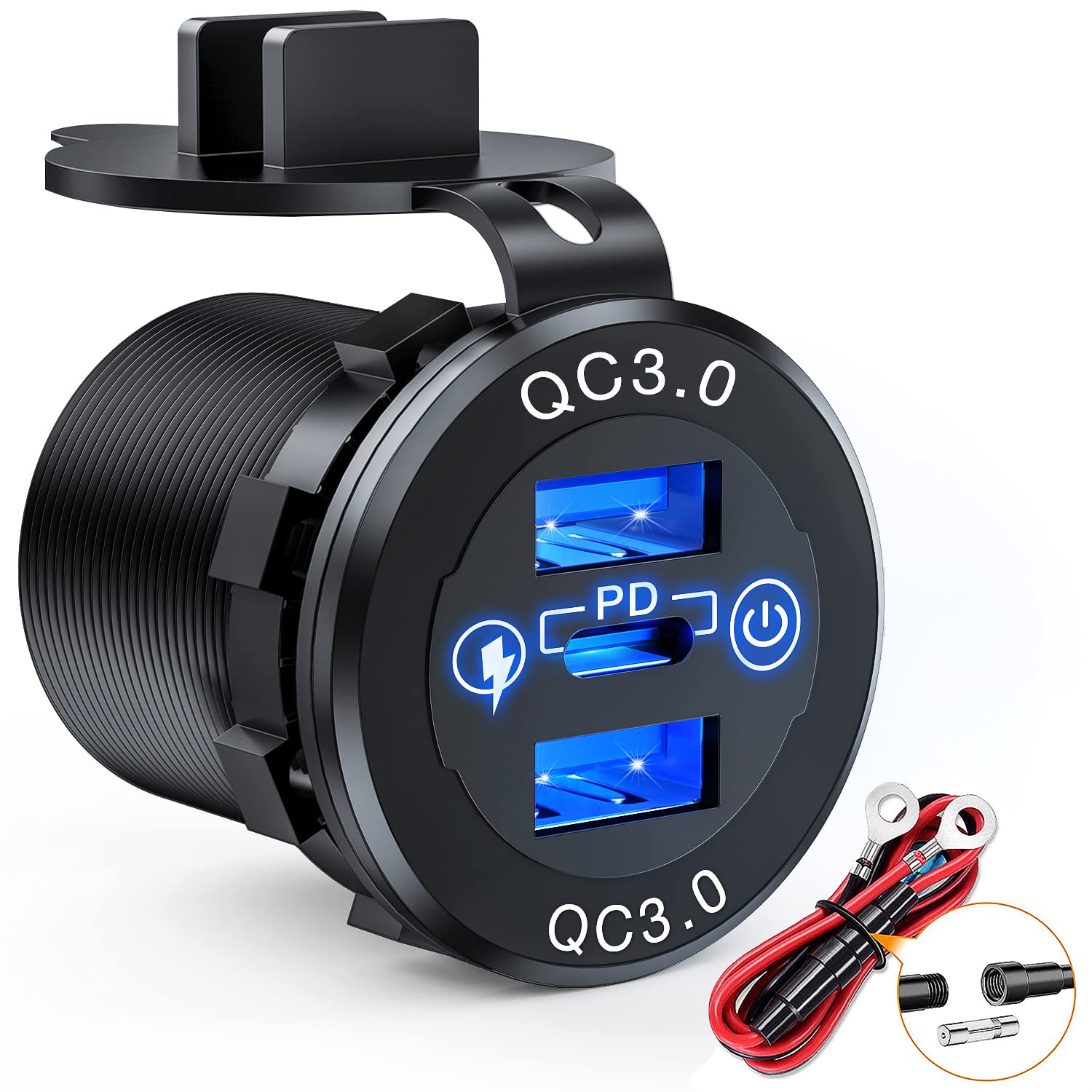 Nilight Quick Charge Socket PD Type C and QC3.0 Dual USB Charger 12V 24V Car Outlet ON Off Touch Switch Fused Wire Kit for Cars 