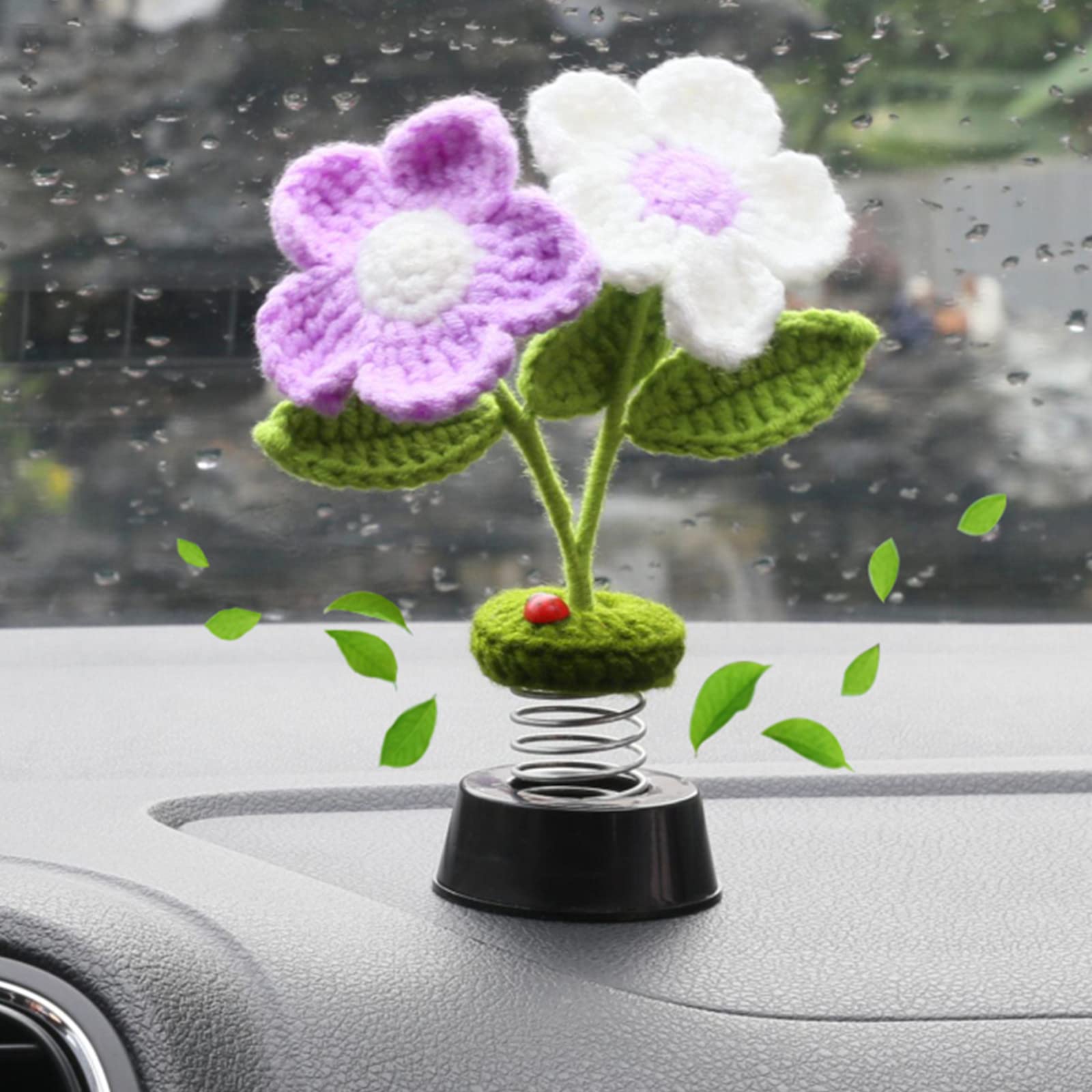 Levvohd Sun Flower Car Dashboard Decorations, Dashboard Bobbleheads Knitted Flowers for Women Car Ornament Accessories (Handmade