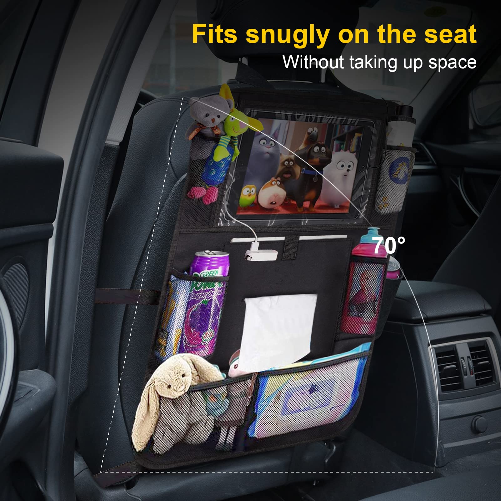 JUCAINHI Backseat Car Organizer 2 PCS - Black Storage with Touch Tablet Holder, Tissue Box, 8 Pockets & Charging Hole - Travel Essential for Kids