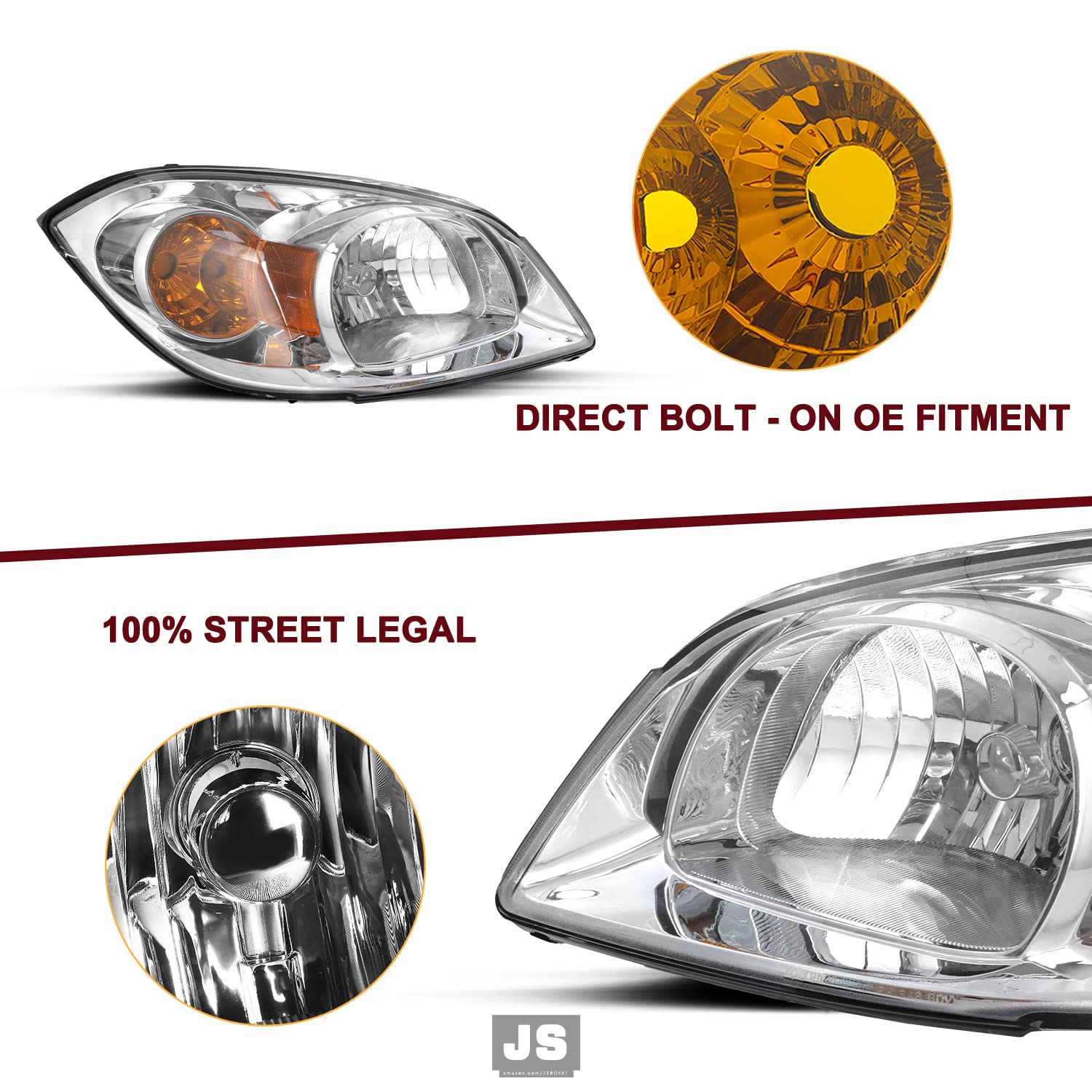 Jsboyat Headlight Assembly W/Bulbs Fit For 2005-2010 Chevy Cobalt 2007-2010 Pontiac G5 2005-2006 Pursuit Passenger And Driver Side, Chrome Housing & Amber Reflector