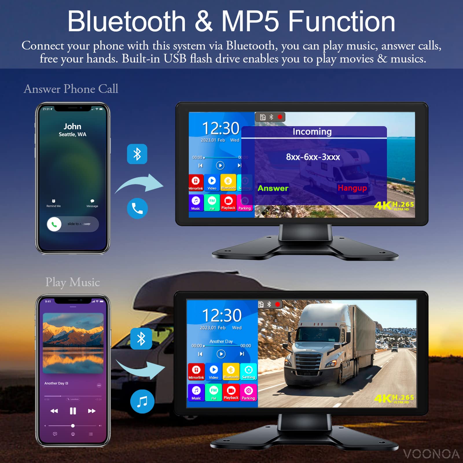 4K Rv Backup Camera System 10.36'' Quad Split Touch Screen Monitor With 4 1080P Rear Side View Camera, Dvr Recording Bluetooth M