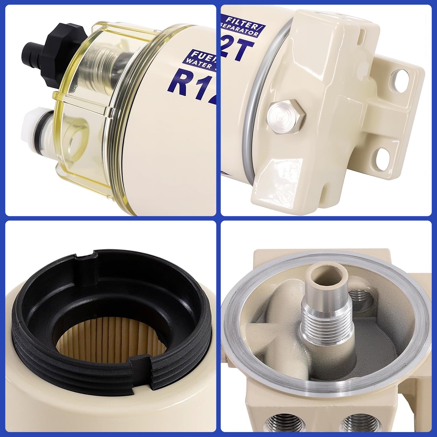 AUIVERED R12T Marine Fuel Water Separator Kit, 10 Micron Filter, Replace S3240 120AT, Fit 1/4 Inch NPT Outboard Motors for Gas &