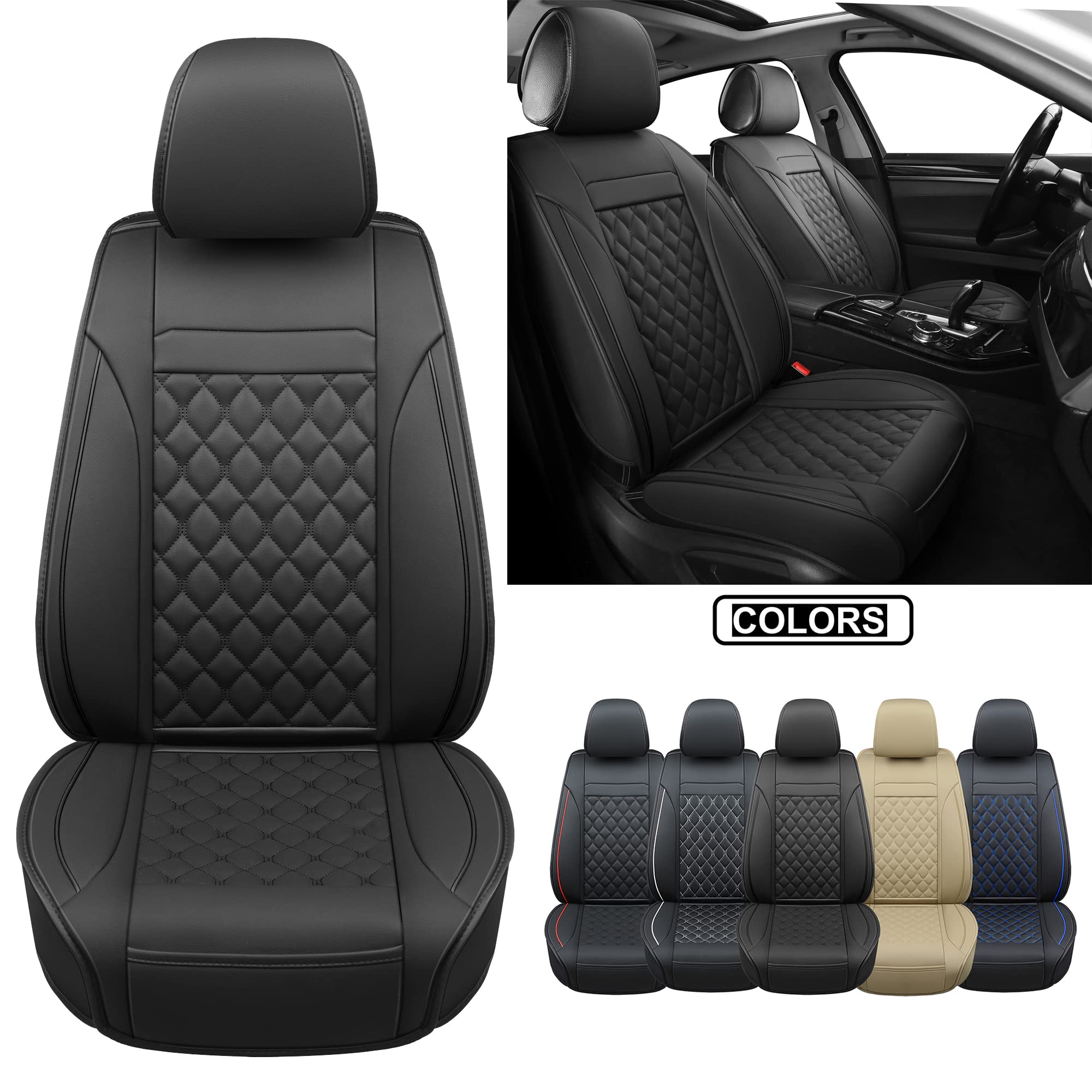 Vankerful Car Seat Covers Front Pair,Universal Fit For Most Cars,Suv,Sedans And Pick-Up Trucks,Automotive Faux Leather Vehicle Cushion Covers(Front Pair,Black)