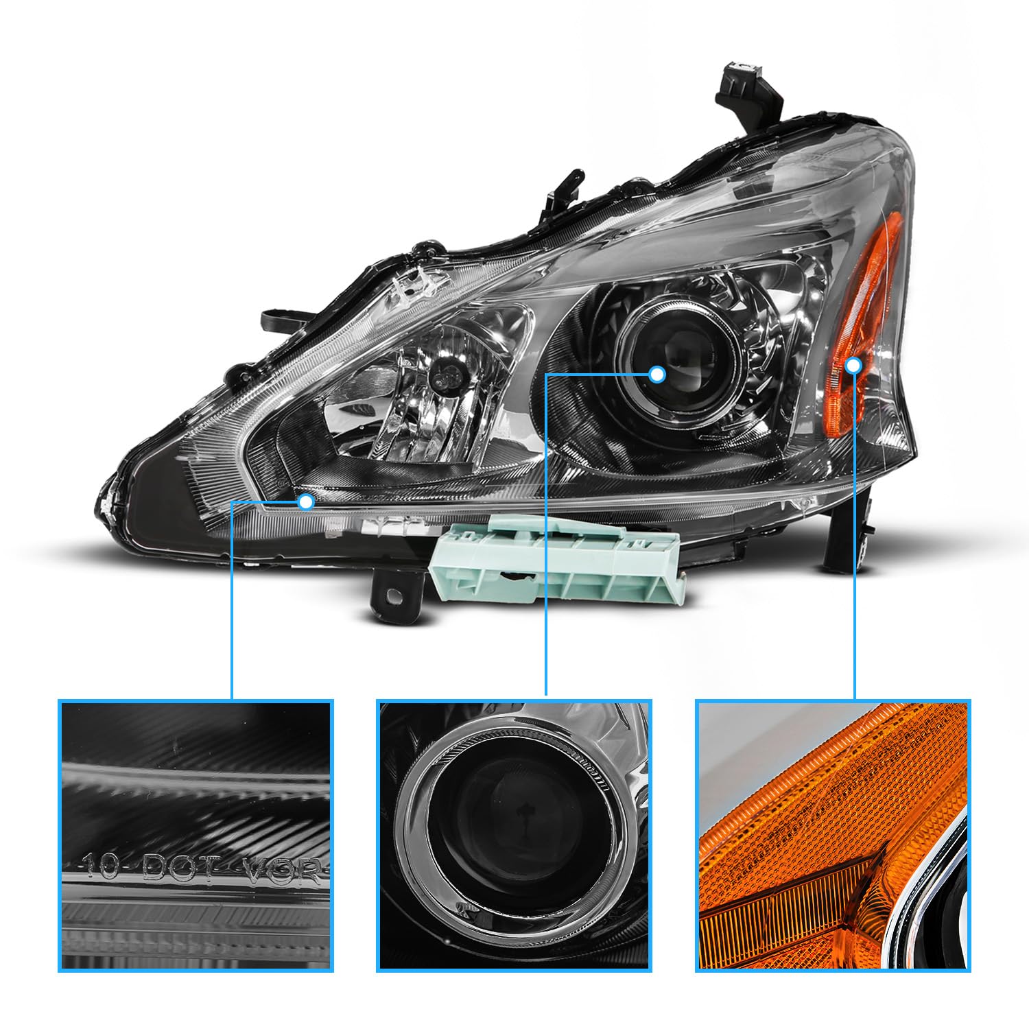 Amerilite For 2013-2015 Altima Sedan Gun Metal Tint Replacement Halogen Projector Headlight Pair - Driver And Passenger Side