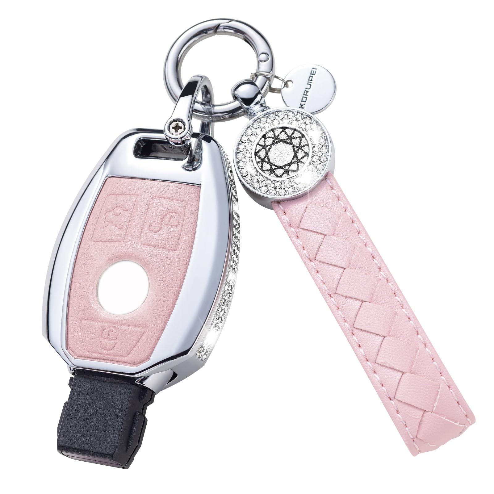 Ruabiban Compatible With Mercedes Benz Key Fob Cover With Keychain, Pink Genuine Leather Crystal Key Case Protection Shell Fit F