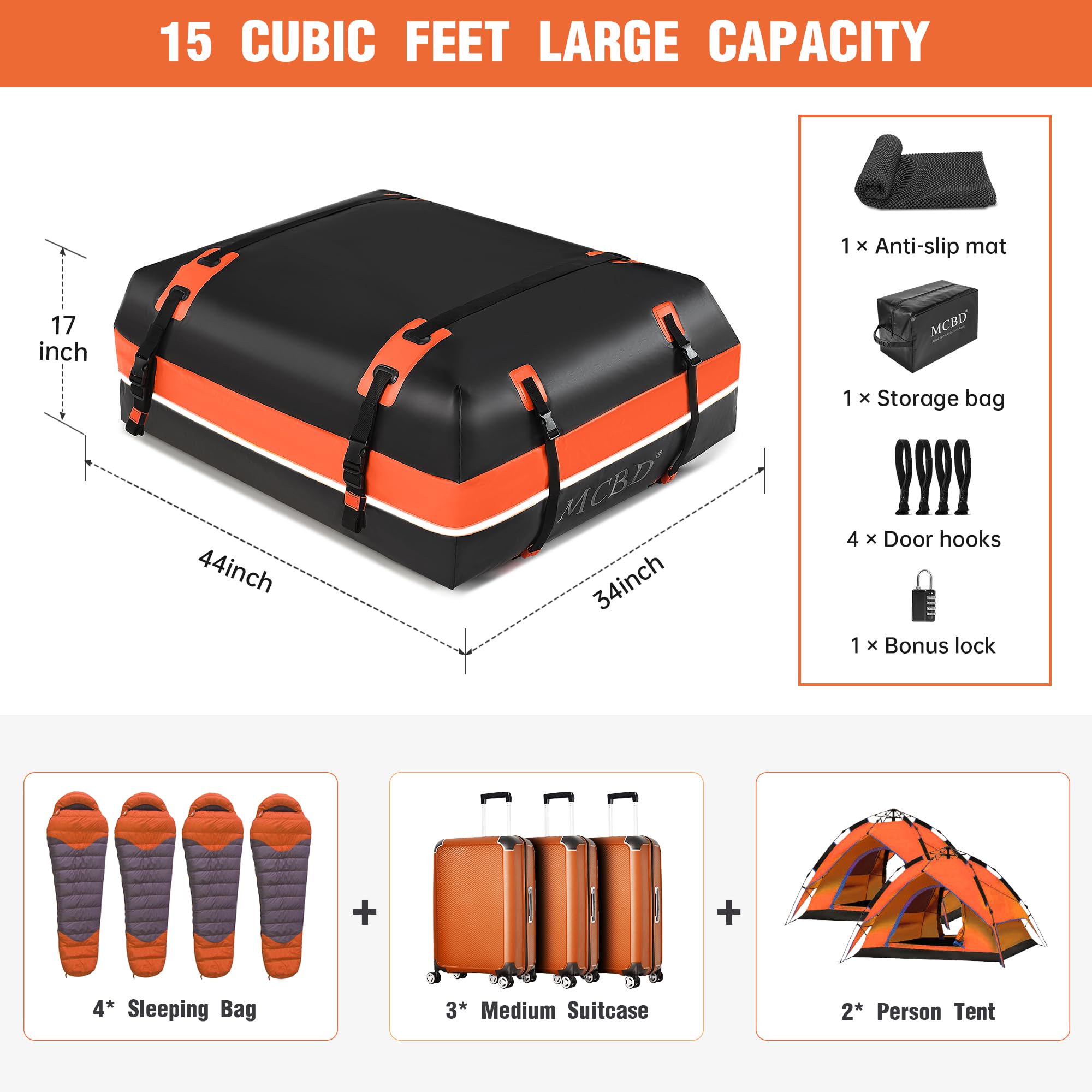 Rooftop Cargo Carrier Bag,15 Cubic Feet Soft-Shell Waterproof Car Roof Luggage Bag For All Vehicles Suv With/Without Rails,Inclu