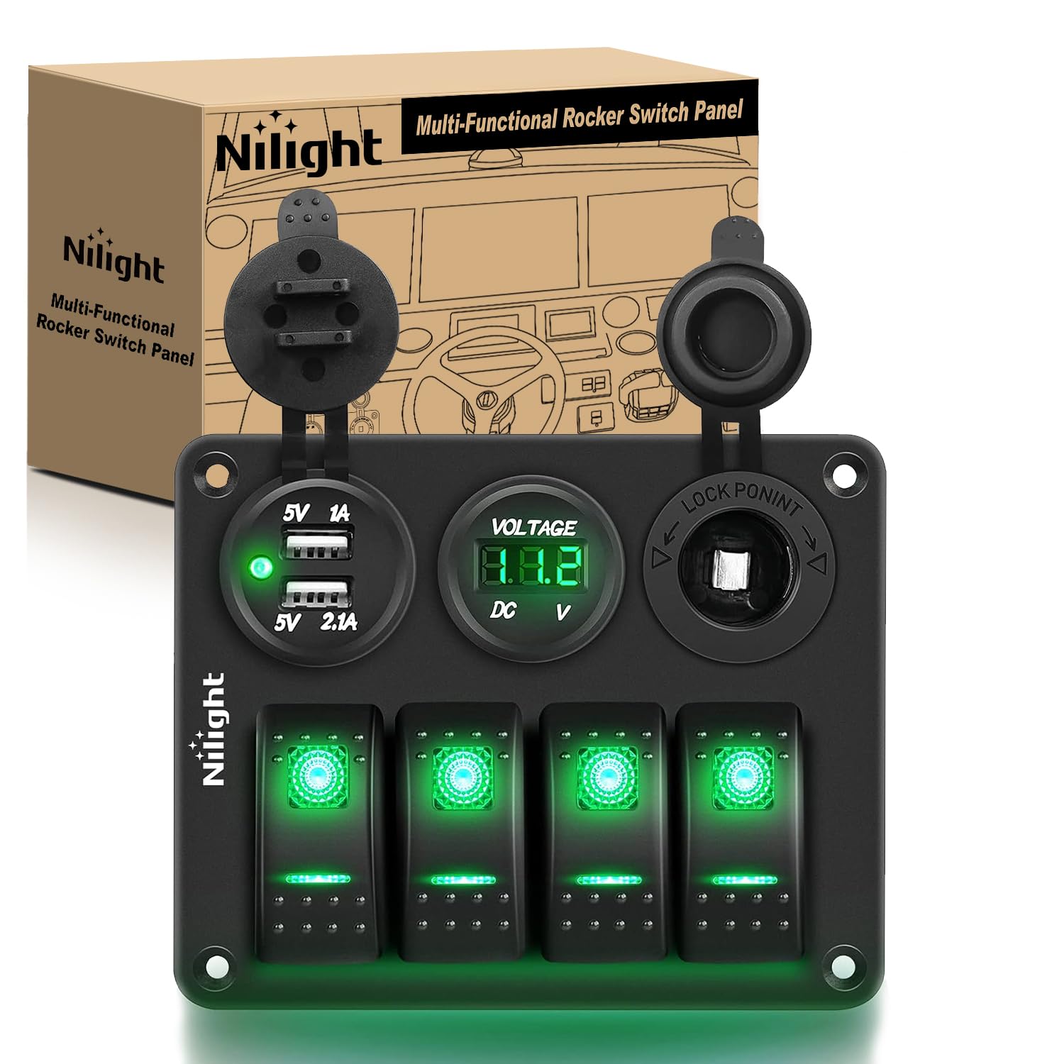 Nilight 4Gang Rocker Switch Panel with USB Charger Voltmeter and Cigar Lighter 12V 24V Toggle ON Off Green Night Glow Stickers f