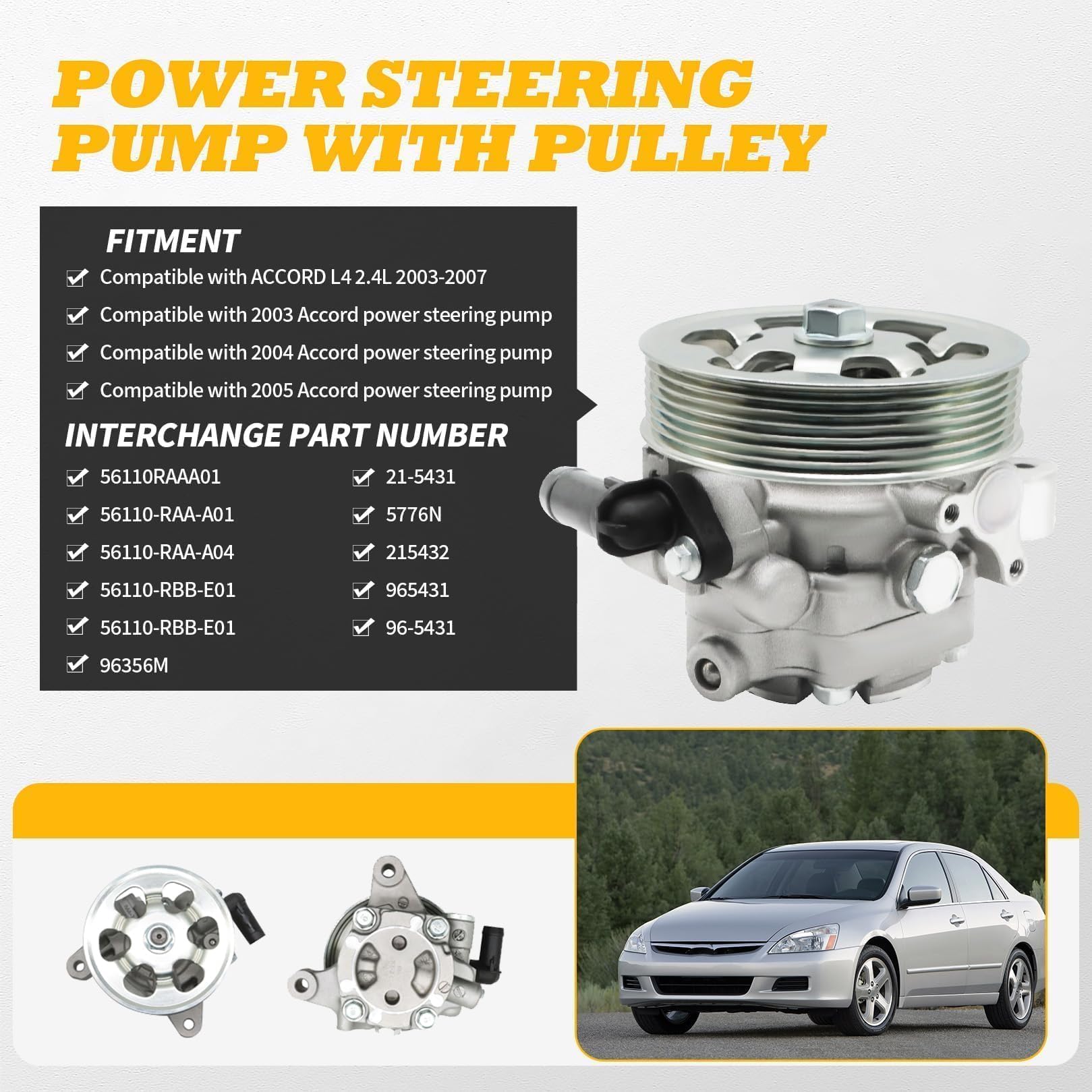 Jecoupoon 21-5341 Power Steering Pump Compatible with Accord 2003 2004 2005 2006 2007 2.4L with Pulley 96-5341 56110RAAA01