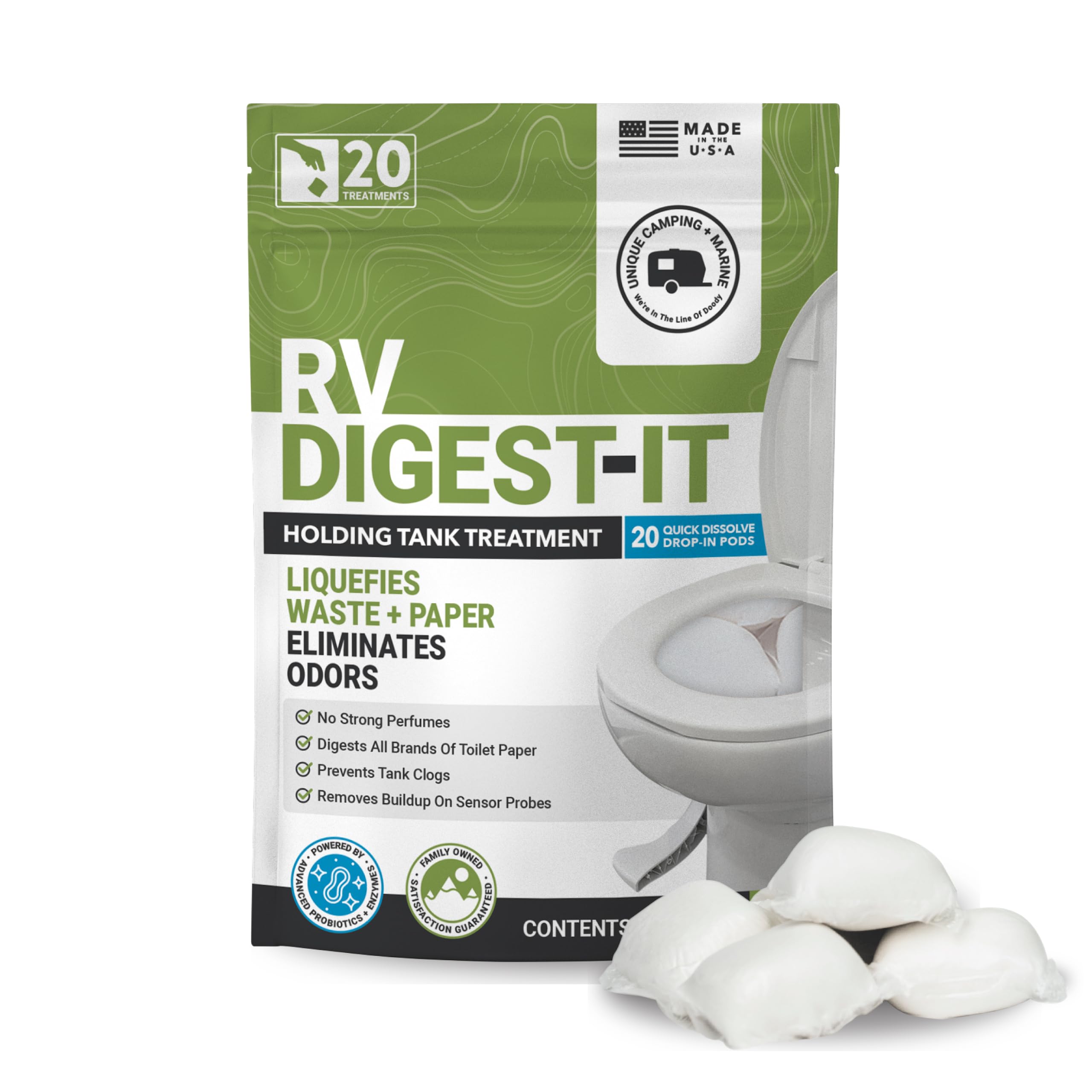 Unique Rv Digest-It Classic Rv Toilet Treatment, Drop-In Pod - Convenient, Dissolvable, Mess-Free - Eliminates Odors And Liquifi