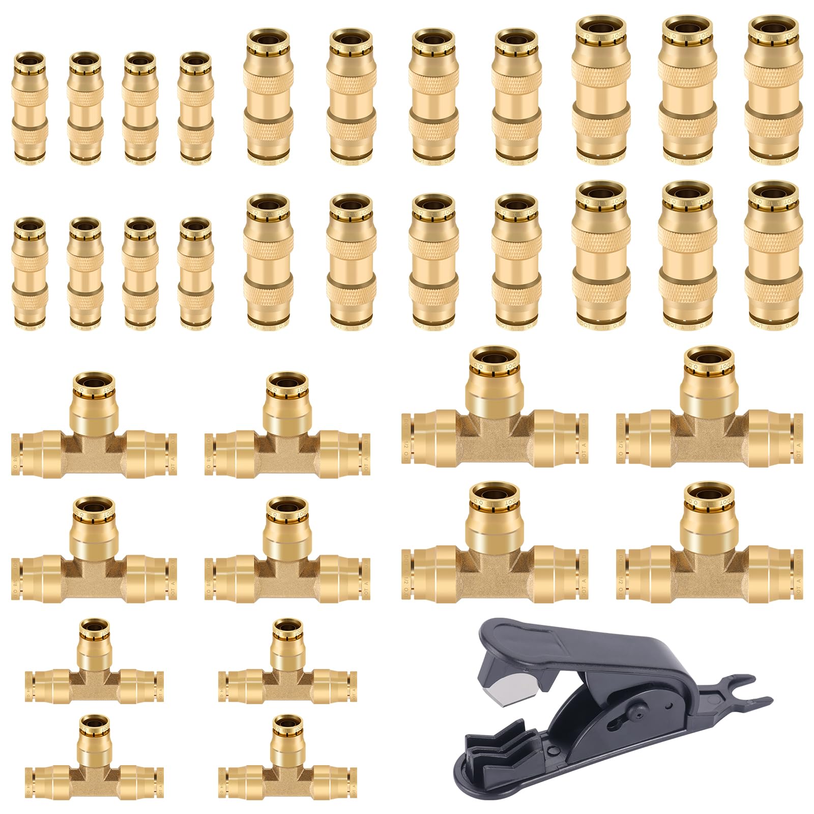 Cheemuii 35 Pcs Brass Dot Air Line Fittings Kit 1/4 3/8 1/2 Dot Quick Connect Air Fittings Straight & Tee Union Push To Connect 